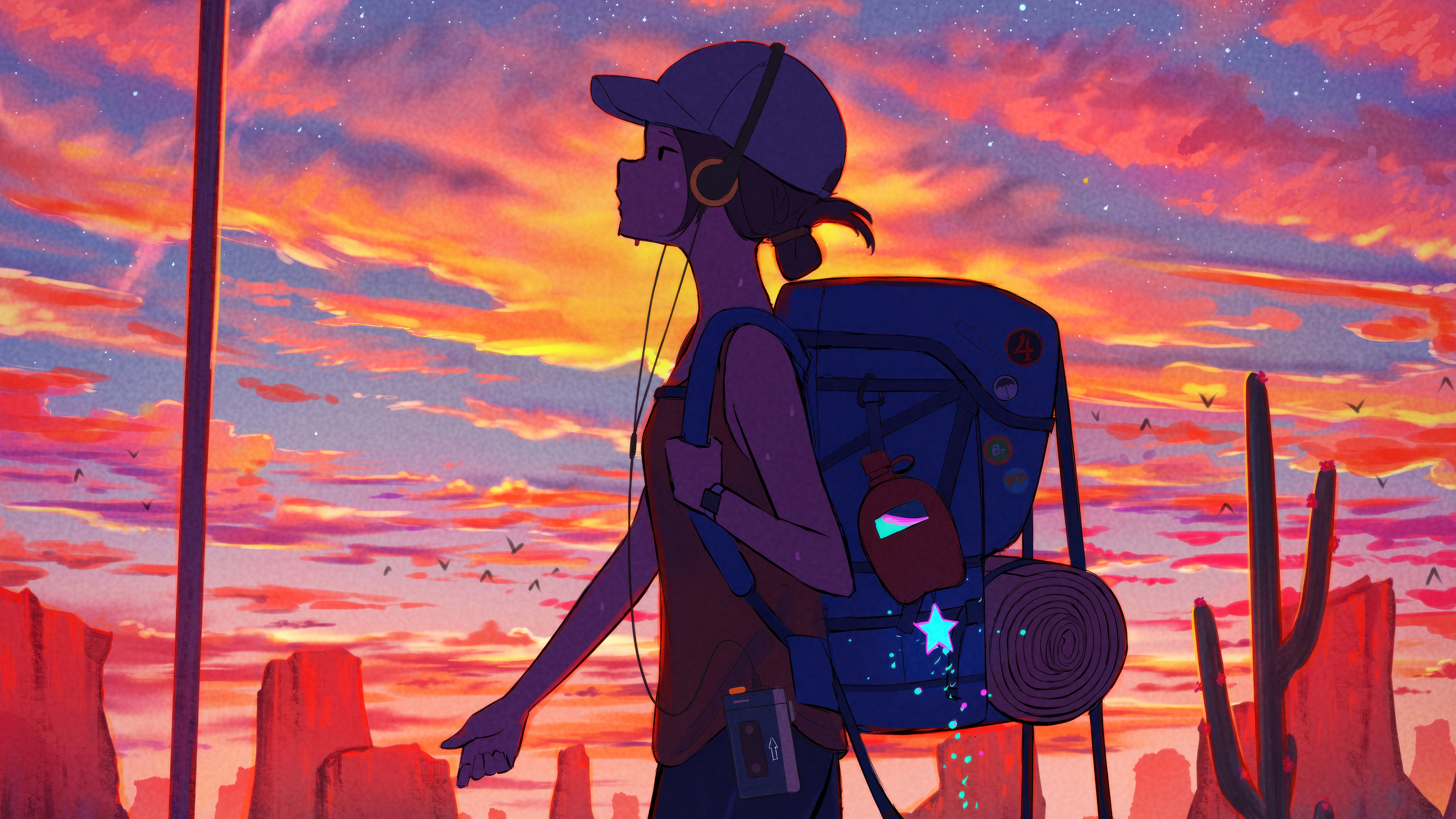 Anime Girl with Backpack Walking at Sunset HD Wallpaper