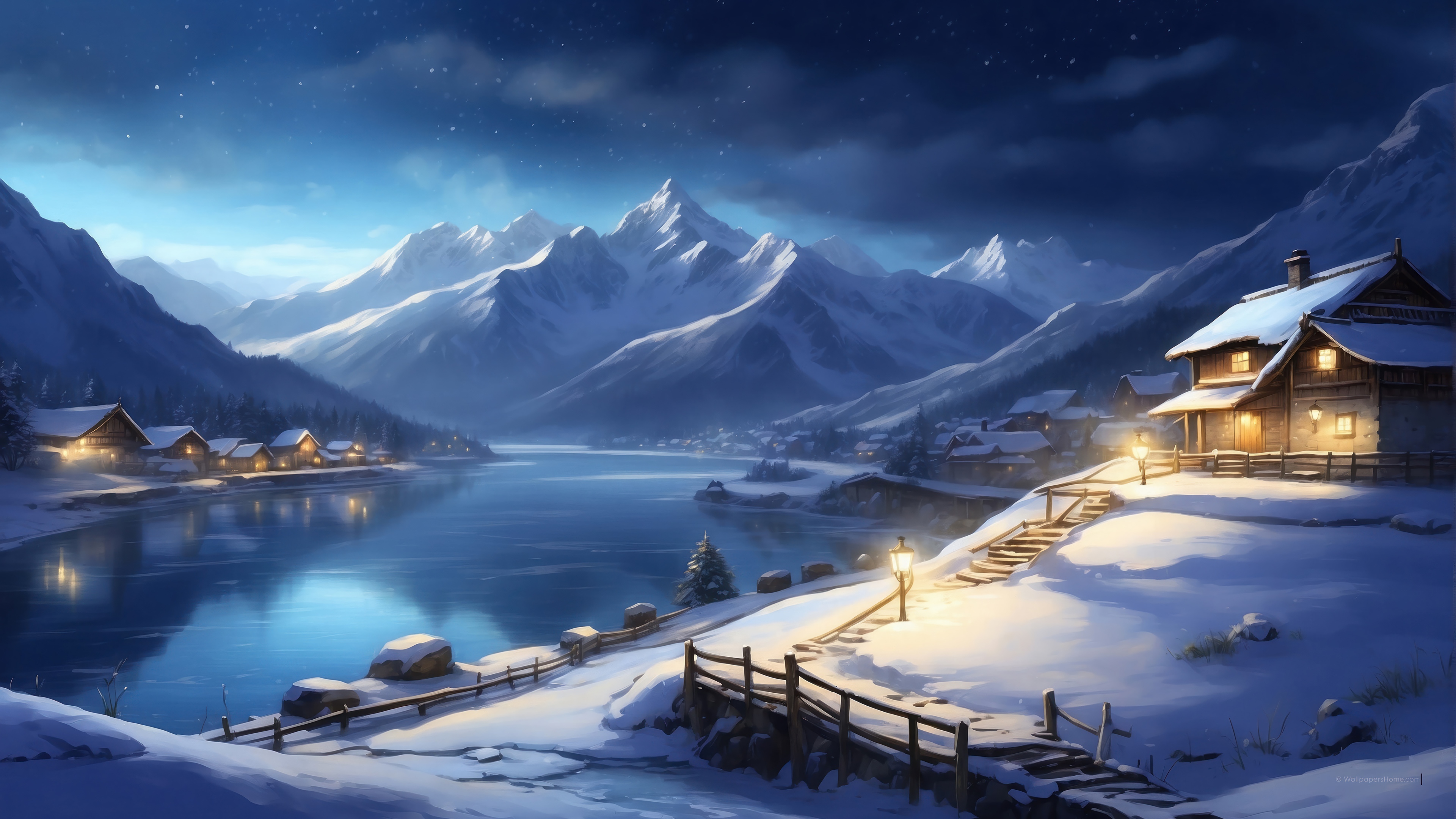 Snowy Village by a Lake with Mountains 4K HD Wallpaper