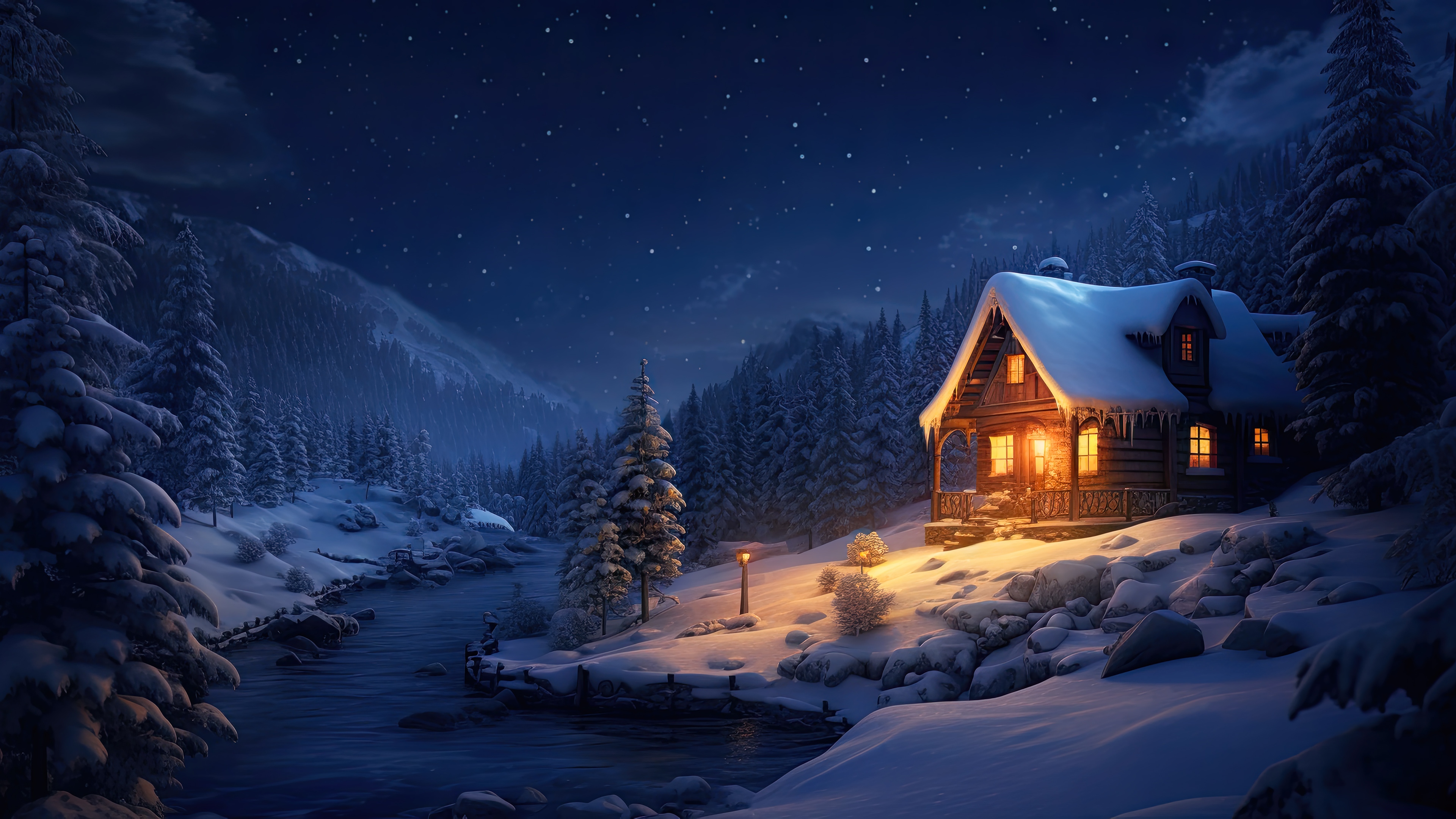 Cozy Cabin in a Snowy Forest at Night 4K HD Wallpaper
