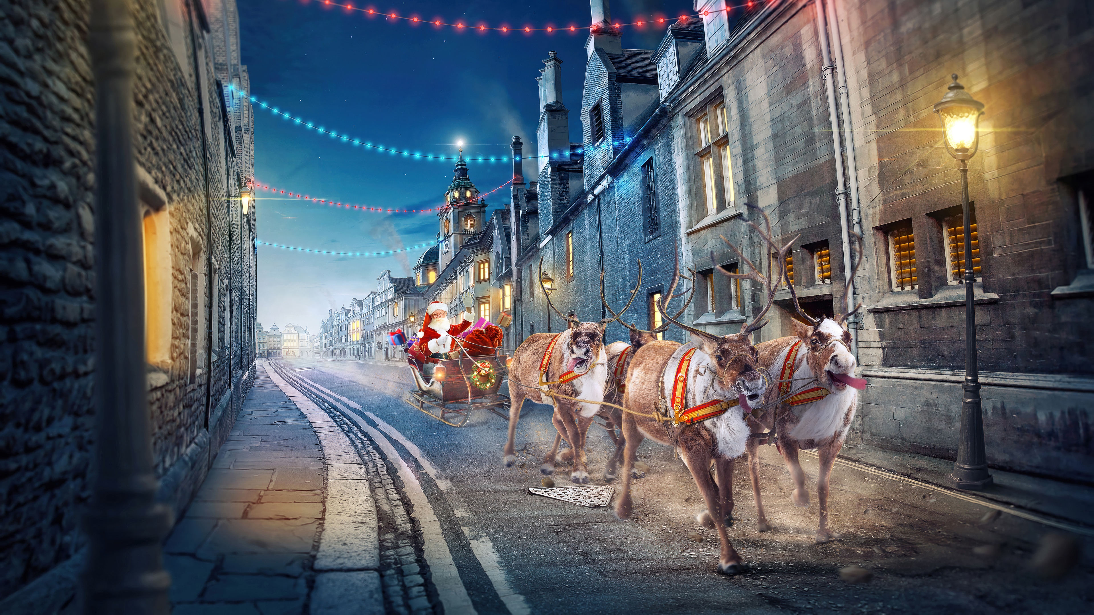 Santa Claus and Reindeer Sleigh in 4K HD Wallpaper