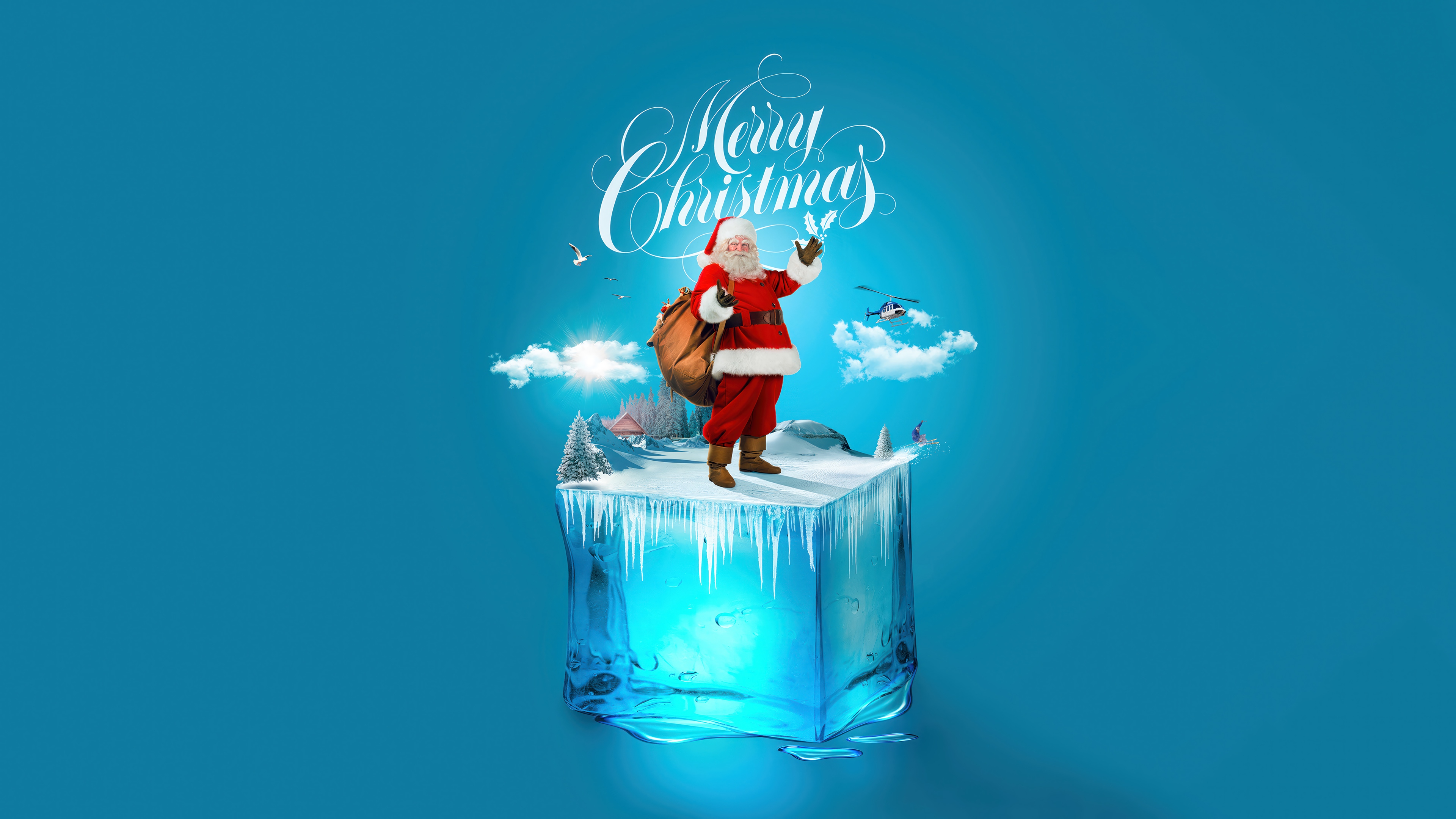 Santa Claus on an Iceberg with Merry Christmas Text HD Wallpaper