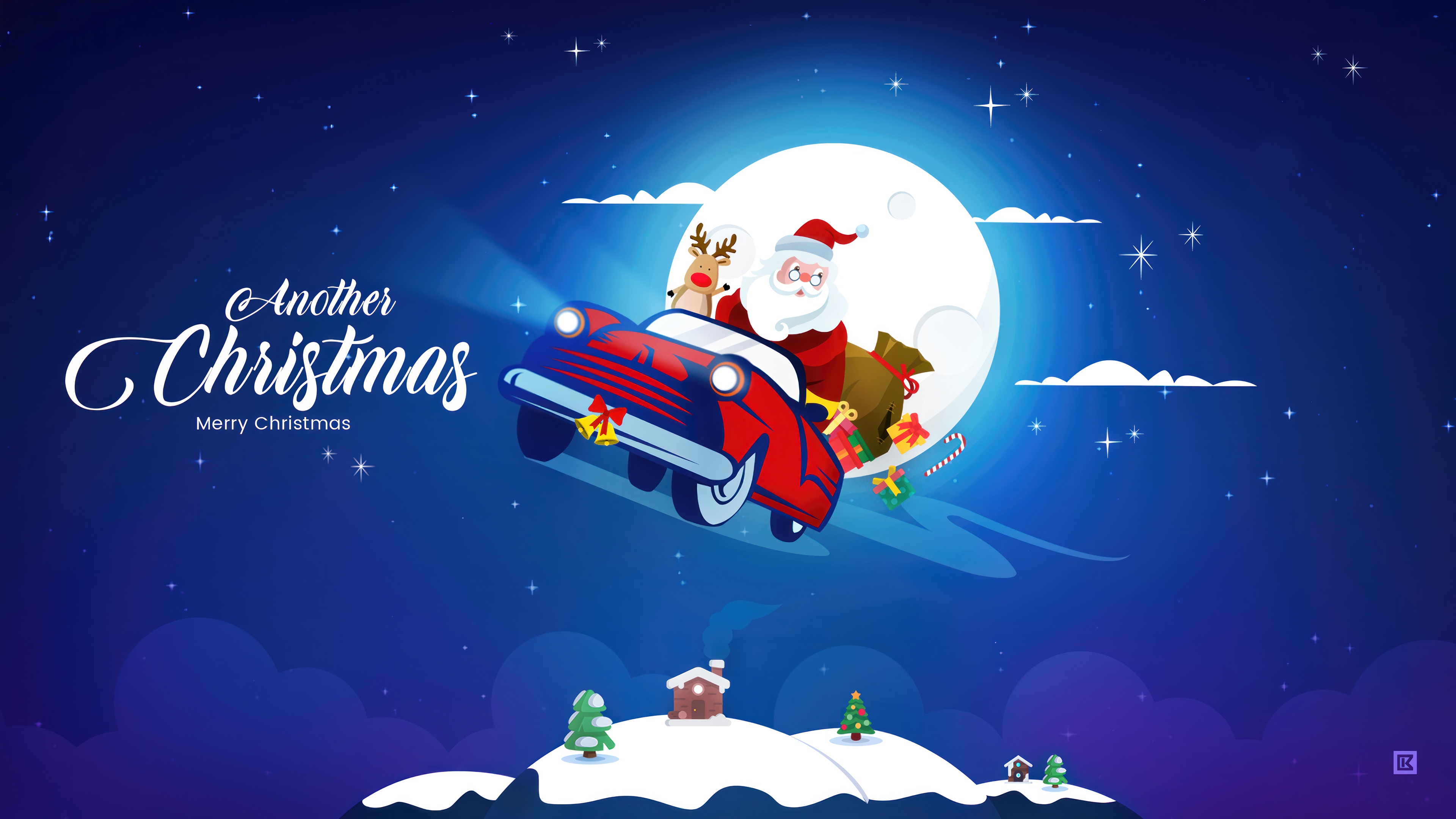 Santa Claus driving a car with a reindeer HD Wallpaper