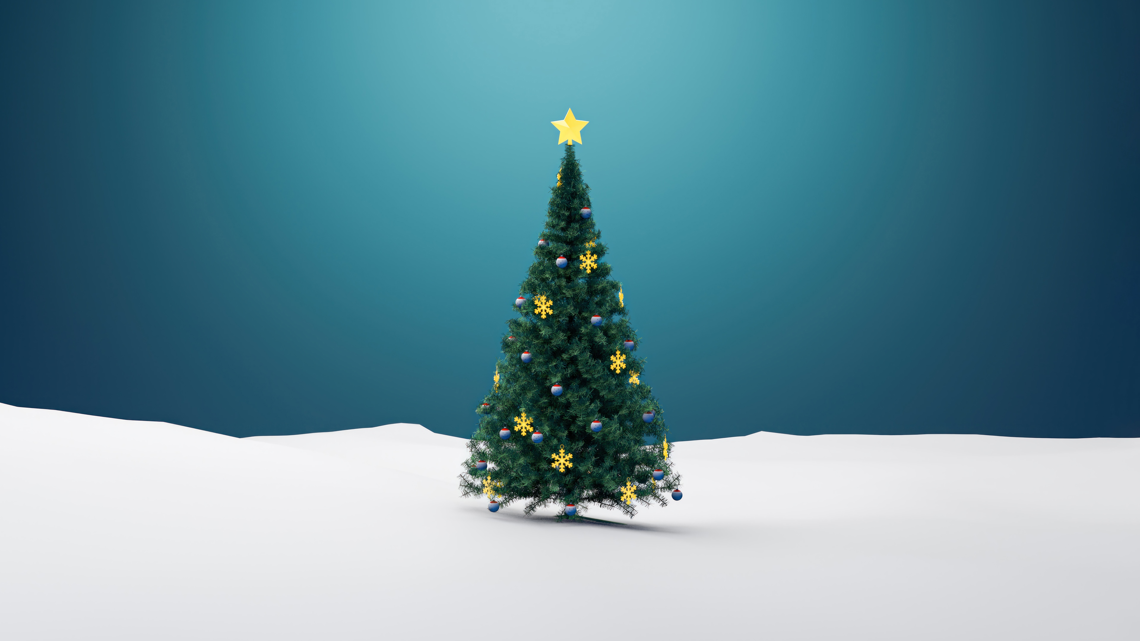 Christmas Tree in Snow with Star and Ornaments 4K HD Wallpaper