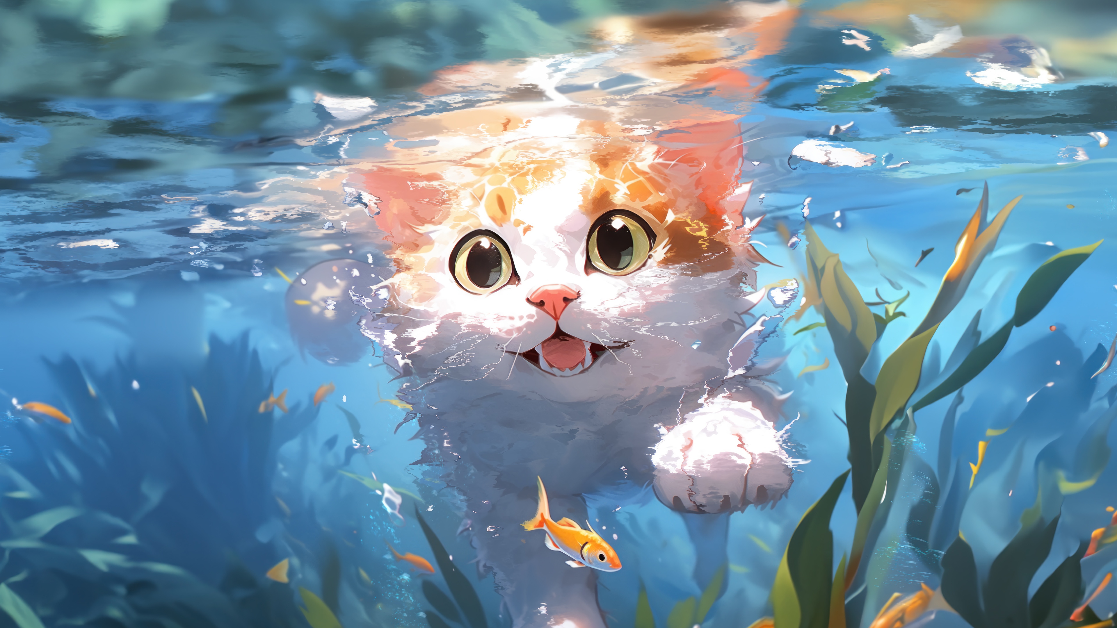 Anime Cat Swimming Underwater with Fish 4K HD Wallpaper