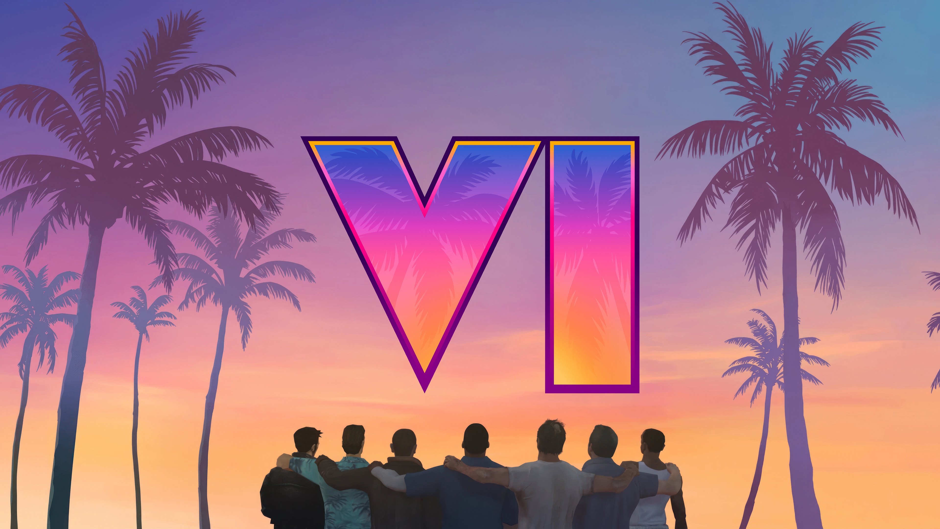 Grand Theft Auto 6 logo with palm trees and sunset HD Wallpaper