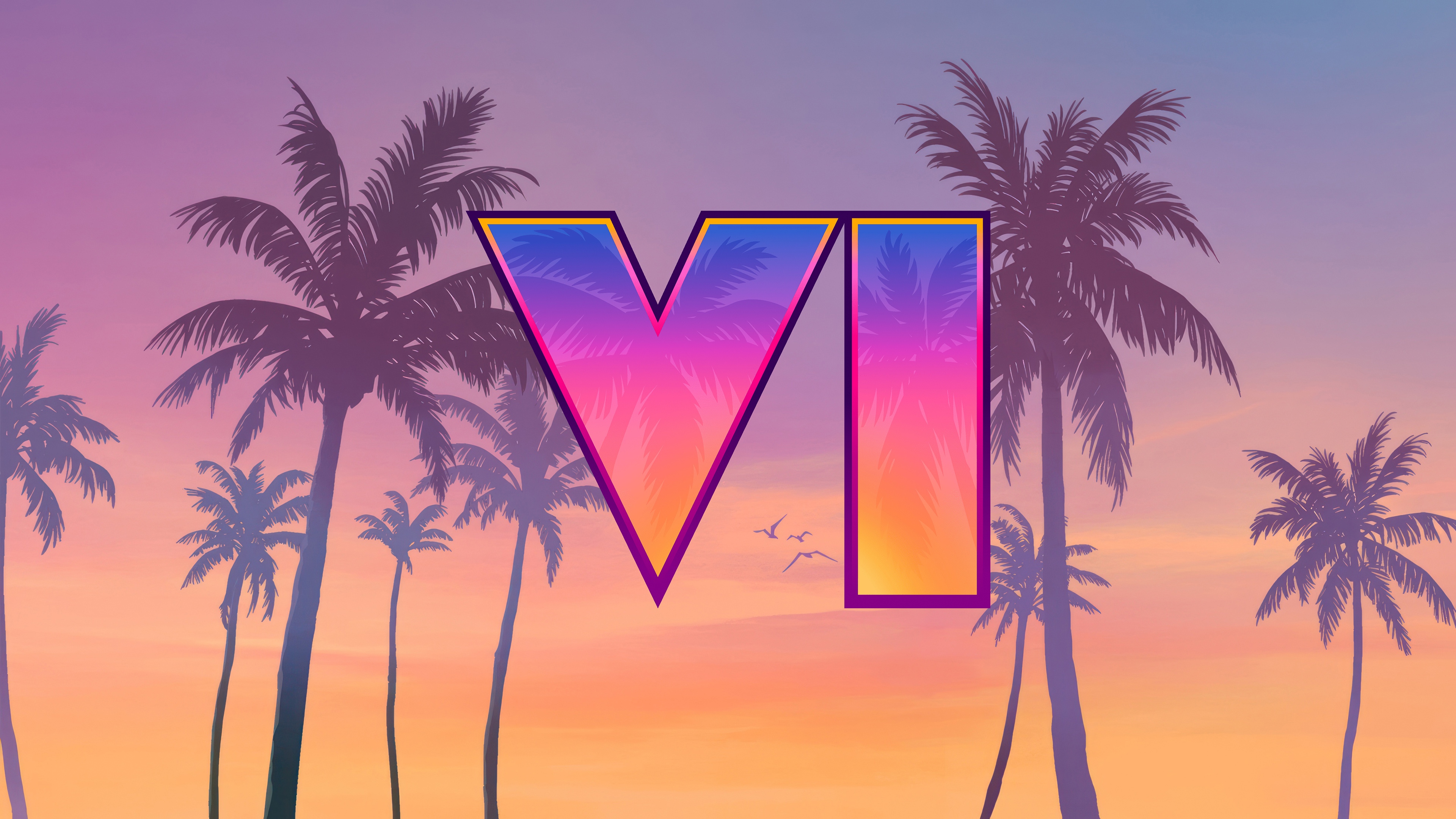 Grand Theft Auto 6 logo with palm trees and sunset HD Wallpaper