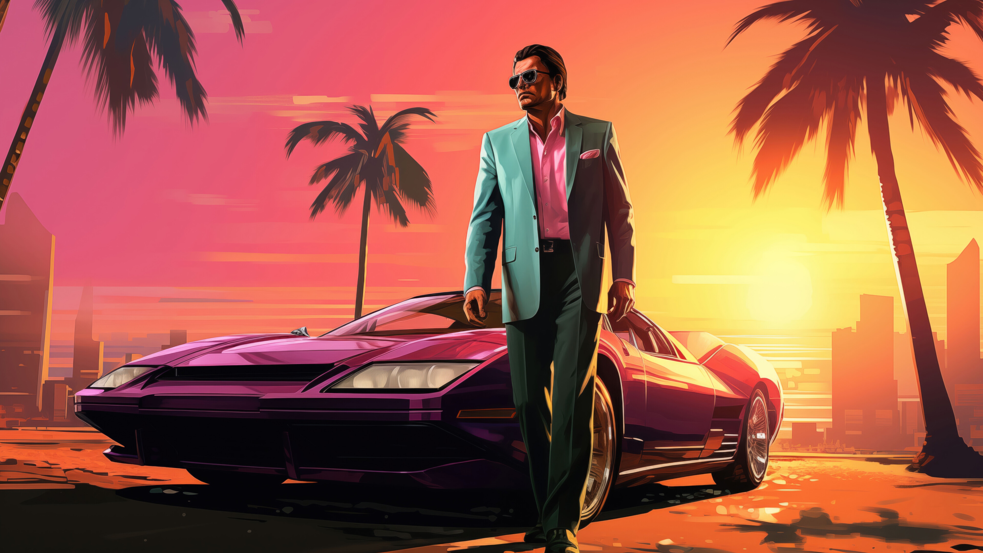 Grand Theft Auto 6 4K Sunset with Man and Car HD Wallpaper