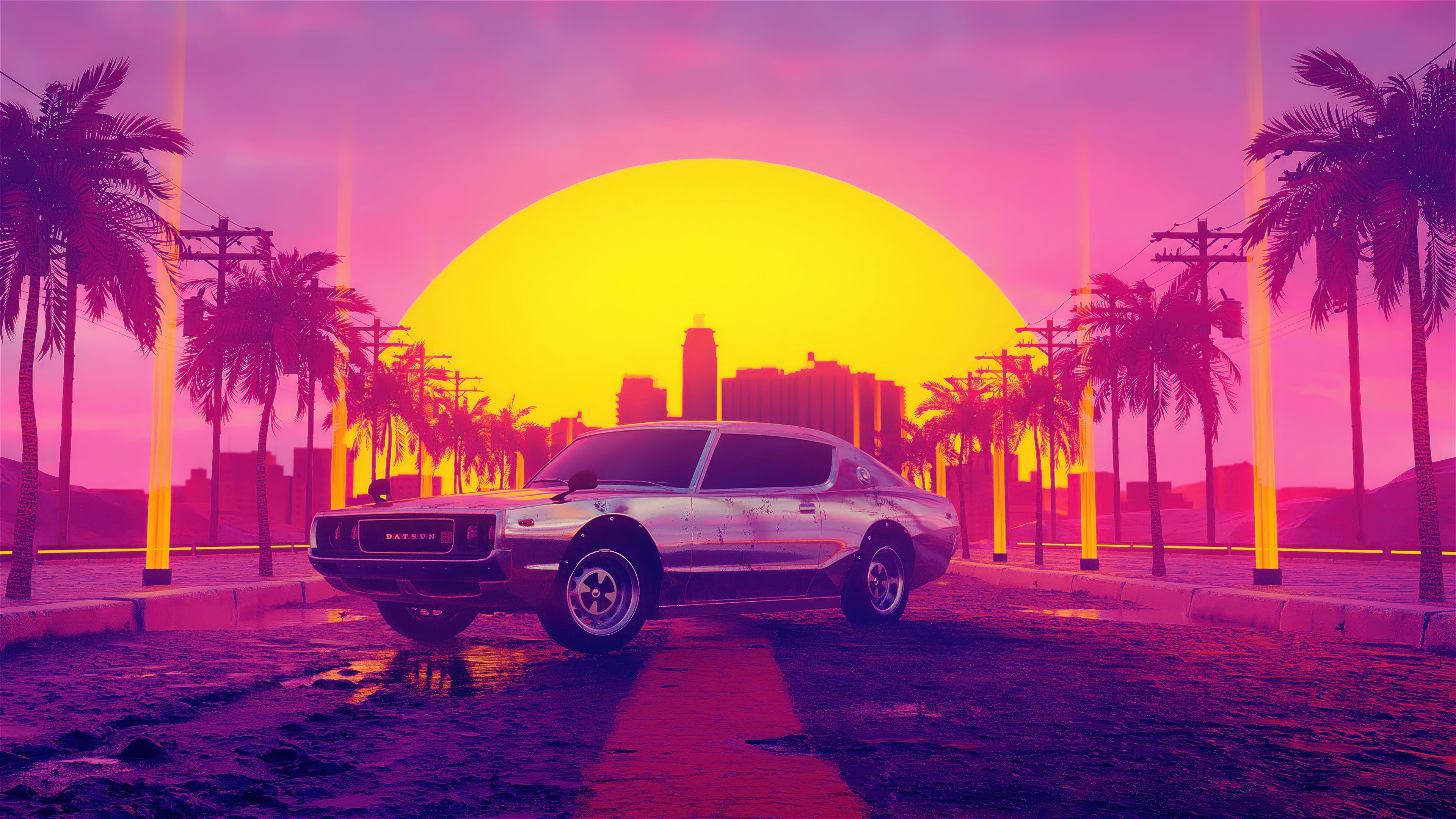 Retro Car in a Cityscape with Palm Trees 4K HD Wallpaper