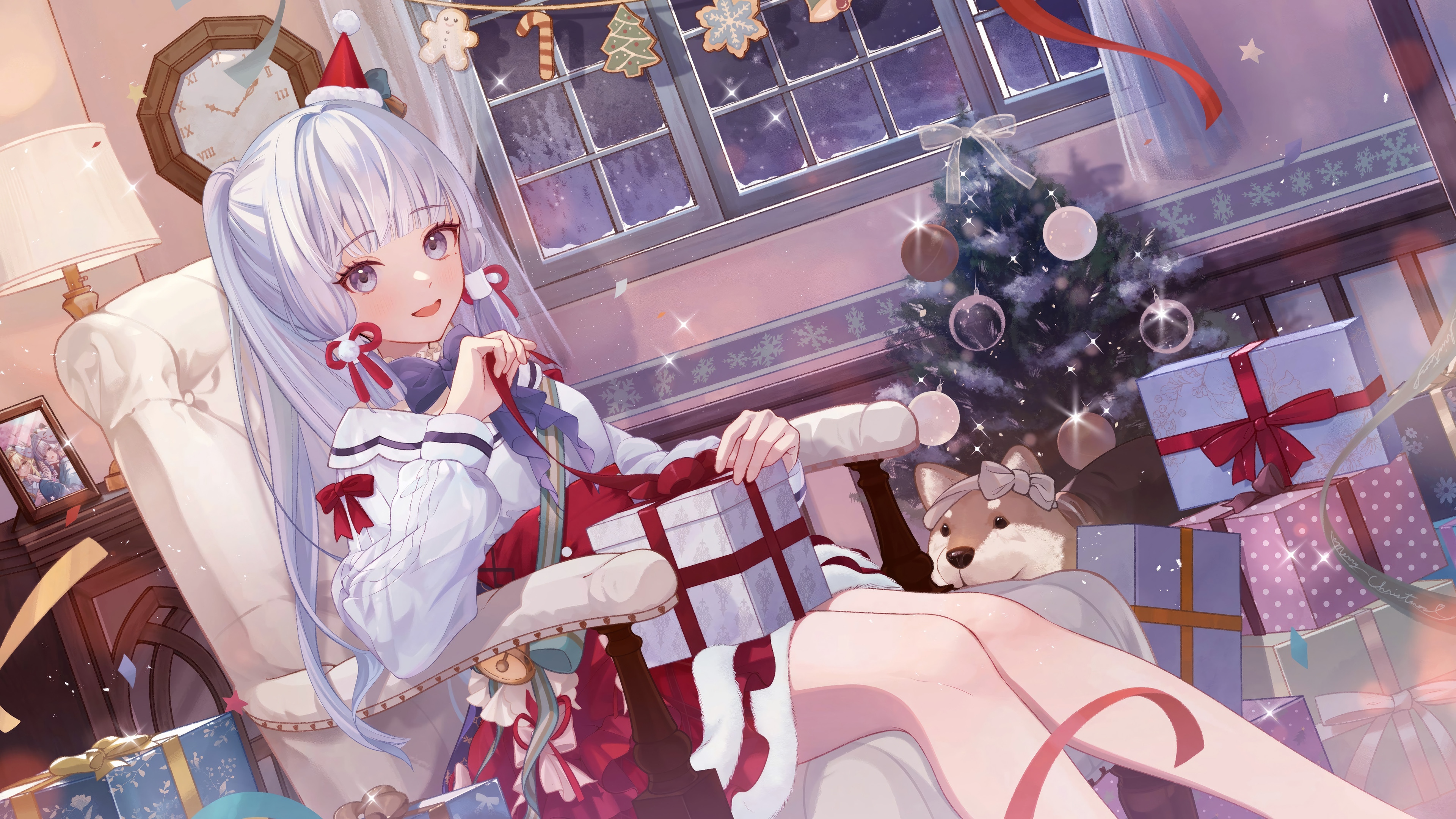 Kamisato Ayaka in Christmas Outfit with Gifts 4K HD Wallpaper