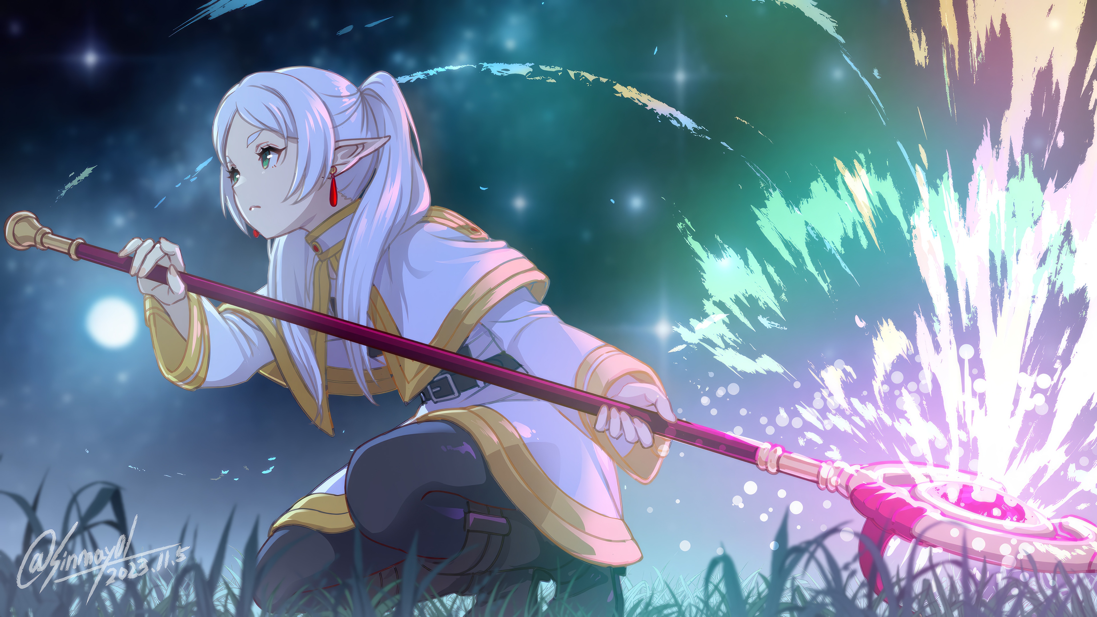 Frieren casting a spell with a staff HD Wallpaper