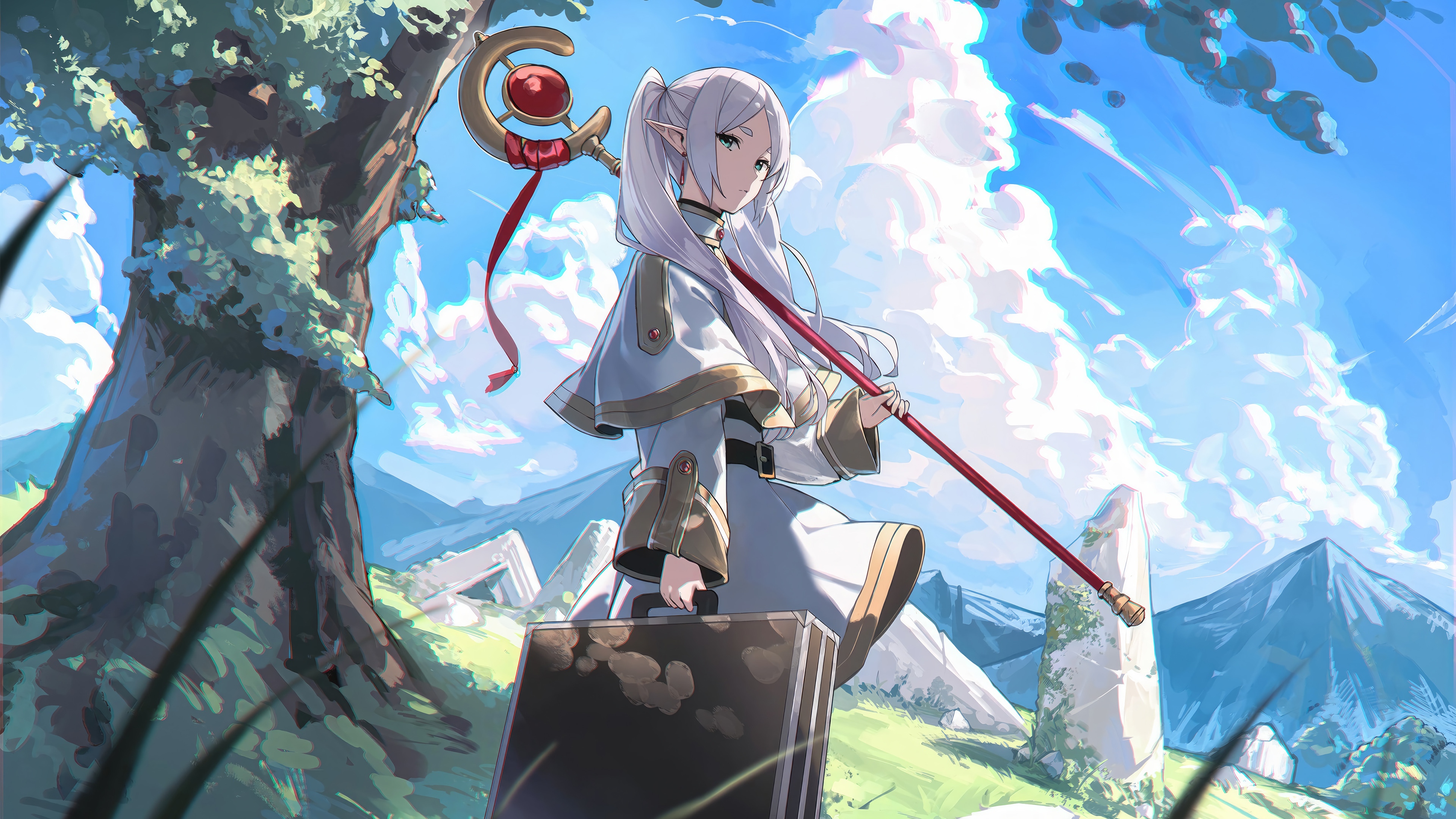 Frieren holding a staff and suitcase in a landscape HD Wallpaper