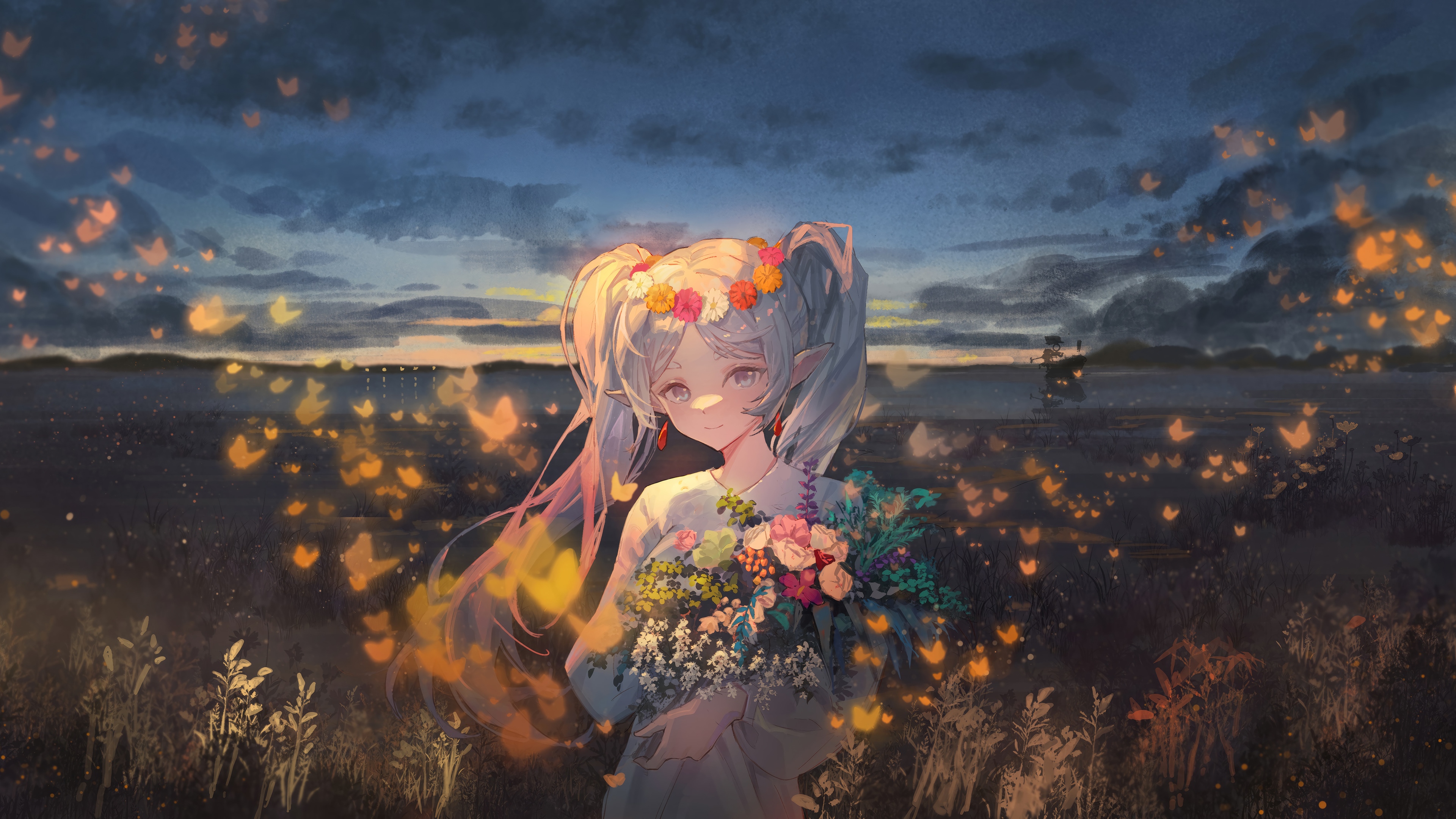 Frieren in a field of glowing butterflies at dusk HD Wallpaper
