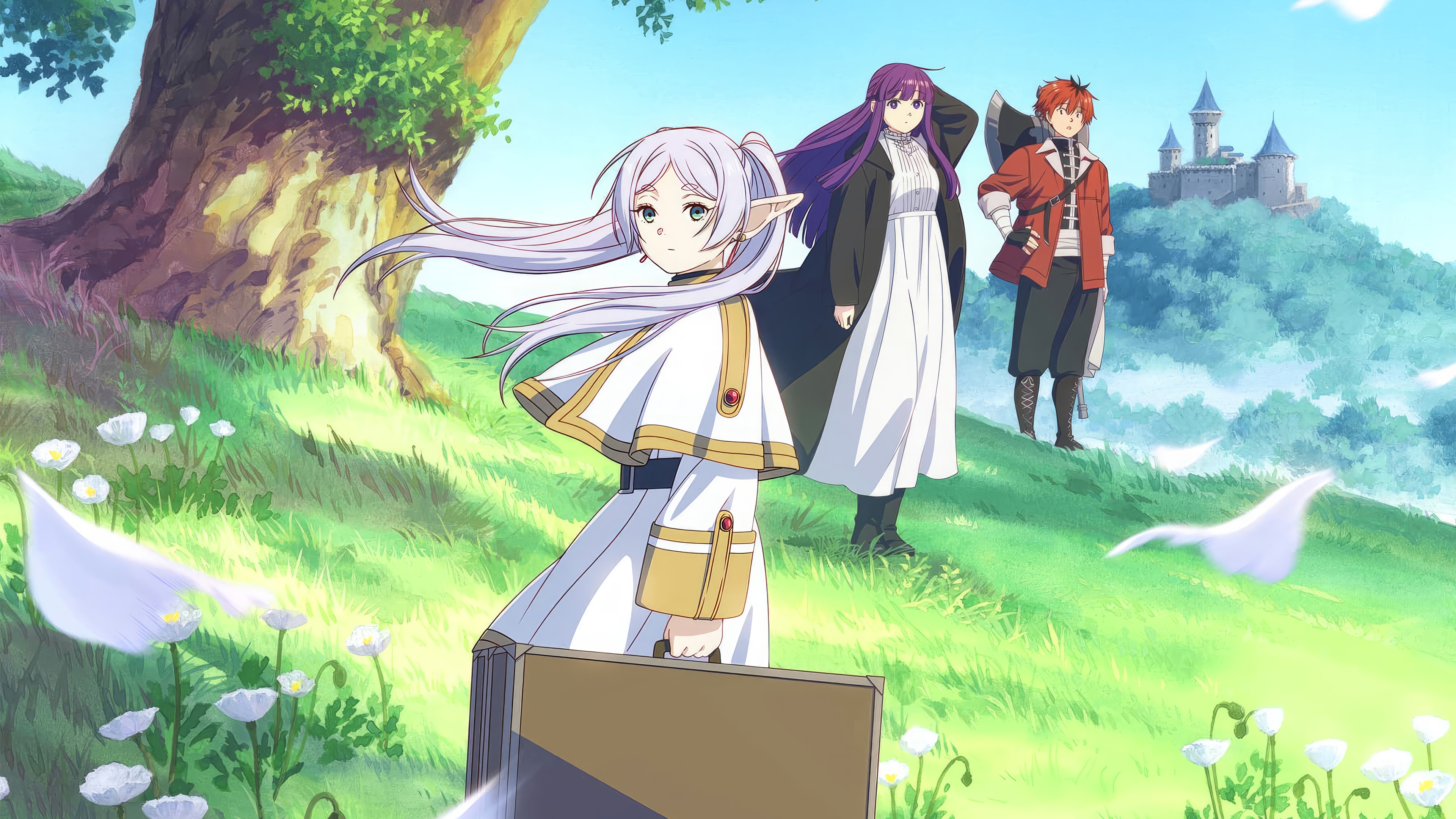 Frieren, Fern, and Stark in a field with a castle HD Wallpaper