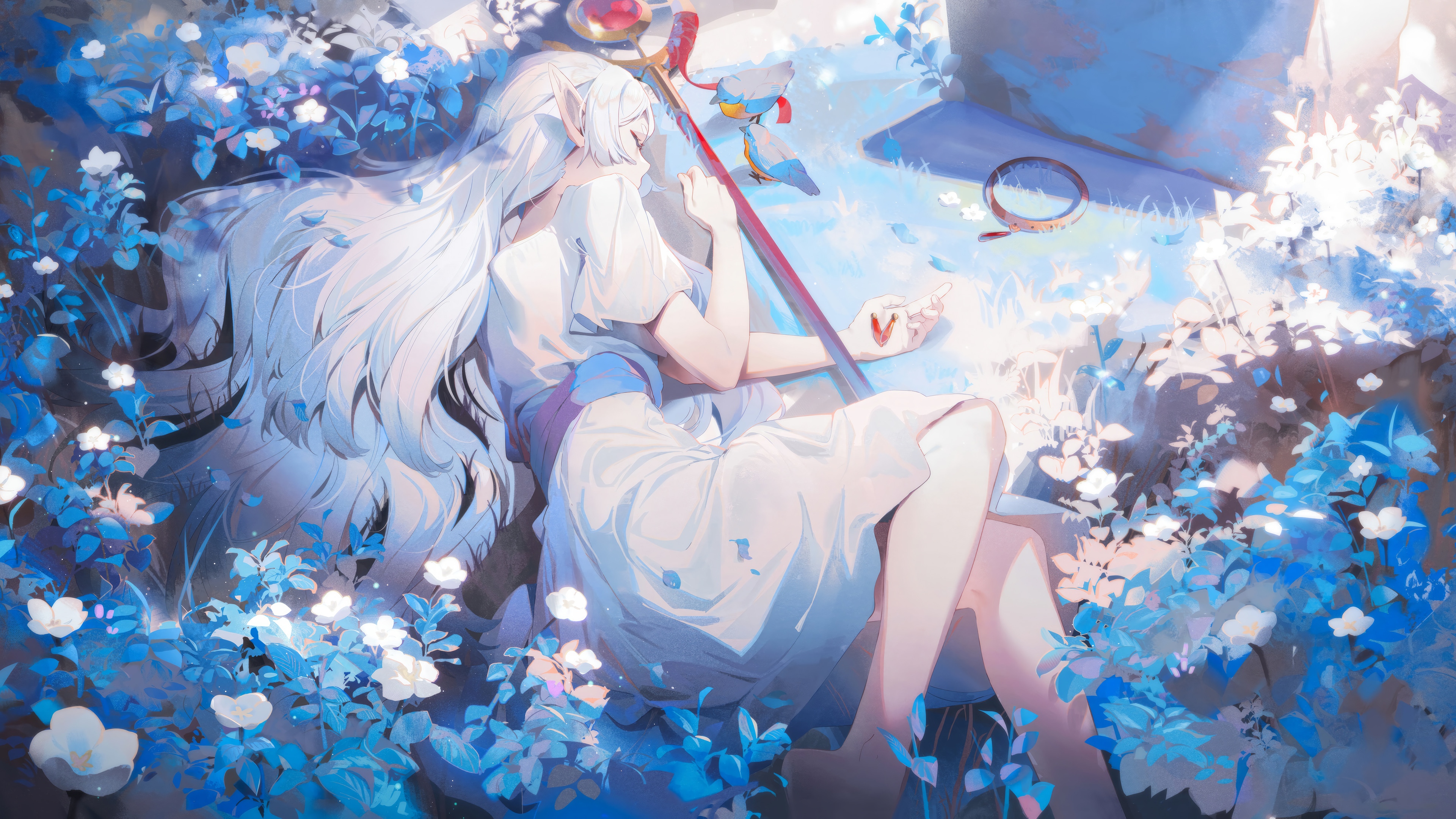 Frieren sleeping among blue flowers with a sword HD Wallpaper