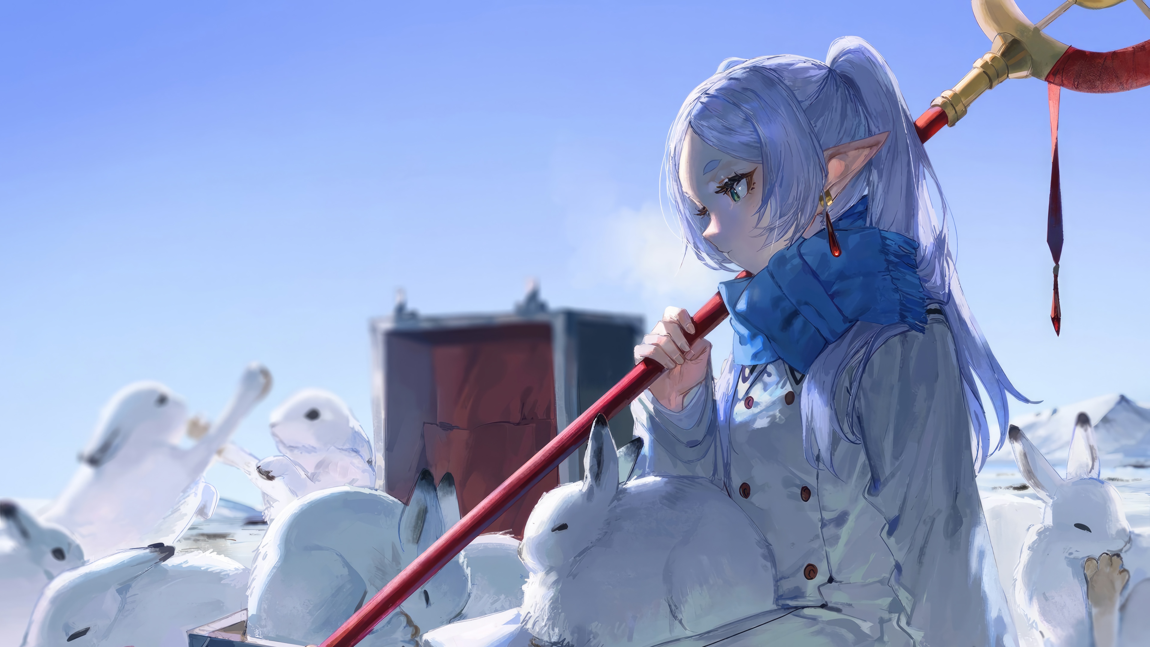 Frieren in a snowy landscape with rabbits HD Wallpaper