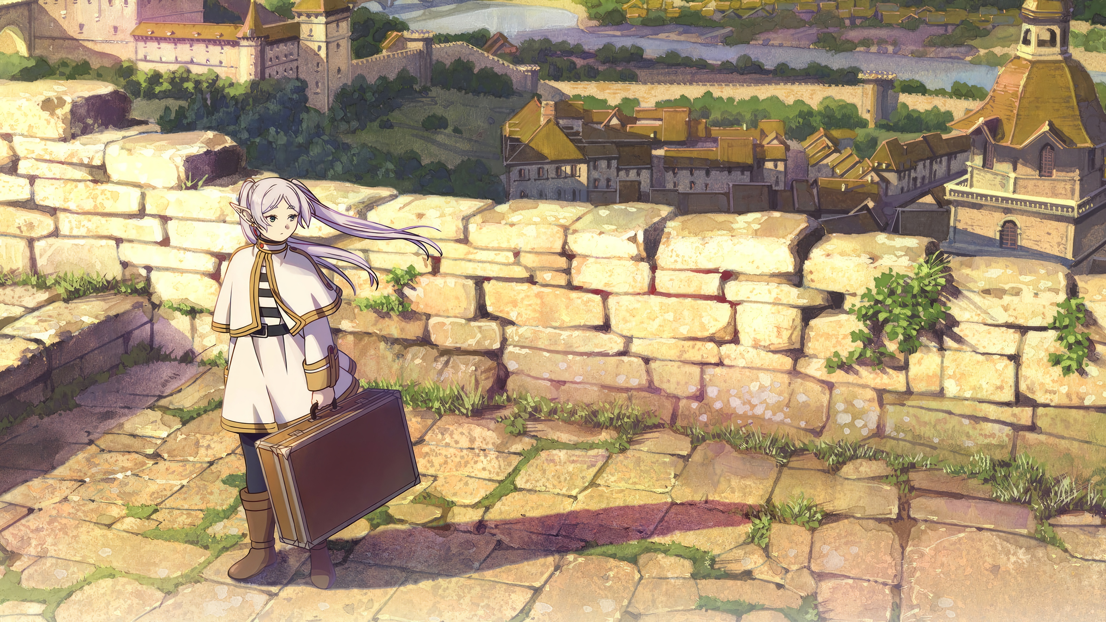 Frieren with a suitcase in a medieval town HD Wallpaper