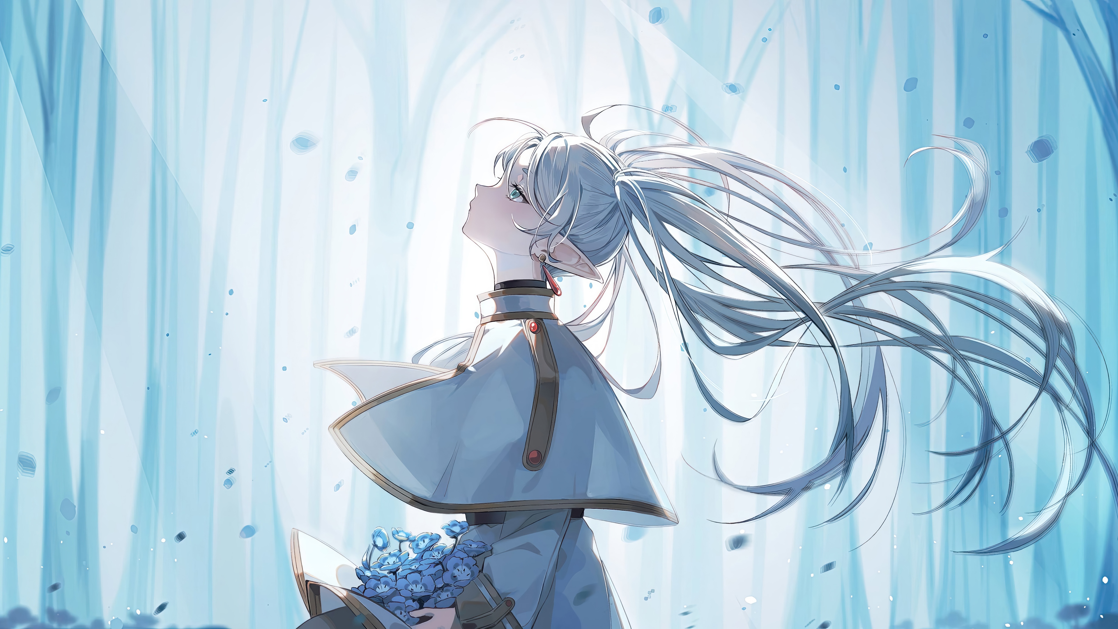Frieren with Blue Flowers in a Forest HD Wallpaper