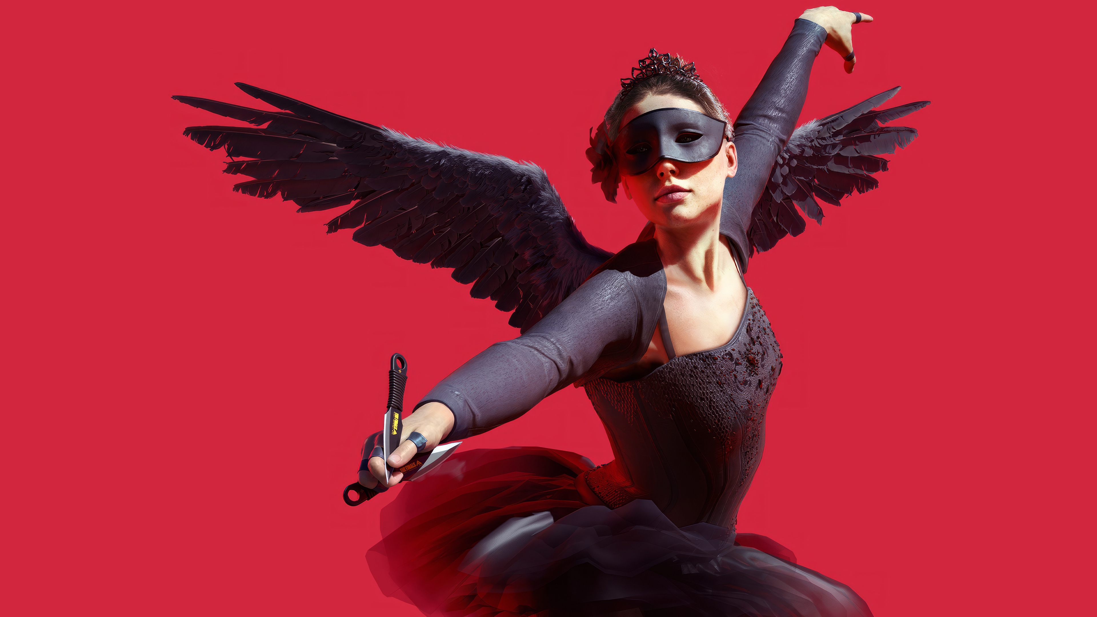 Black Swan Ballerina with Wings and Knife 4K HD Wallpaper