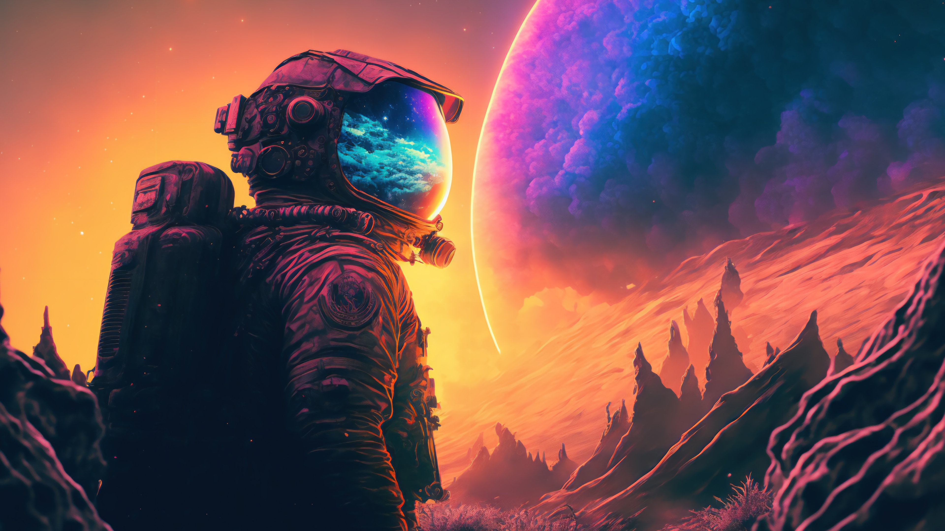Astronaut on an alien planet with a large planet in the sky HD Wallpaper