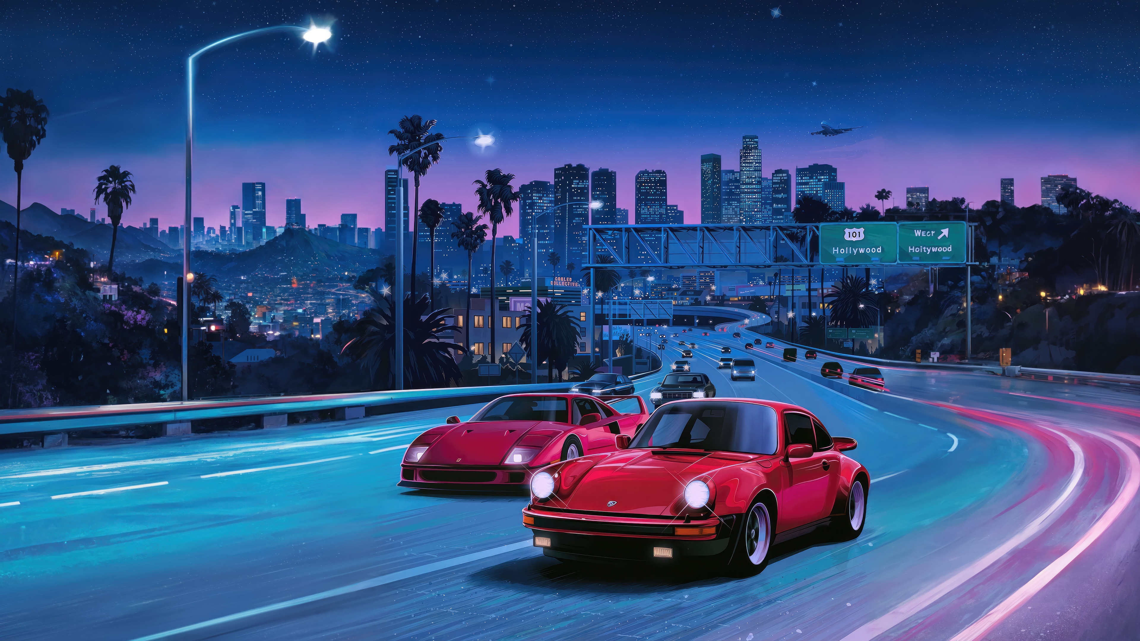 Red Ferraris on Hollywood Highway at Night 4K HD Wallpaper