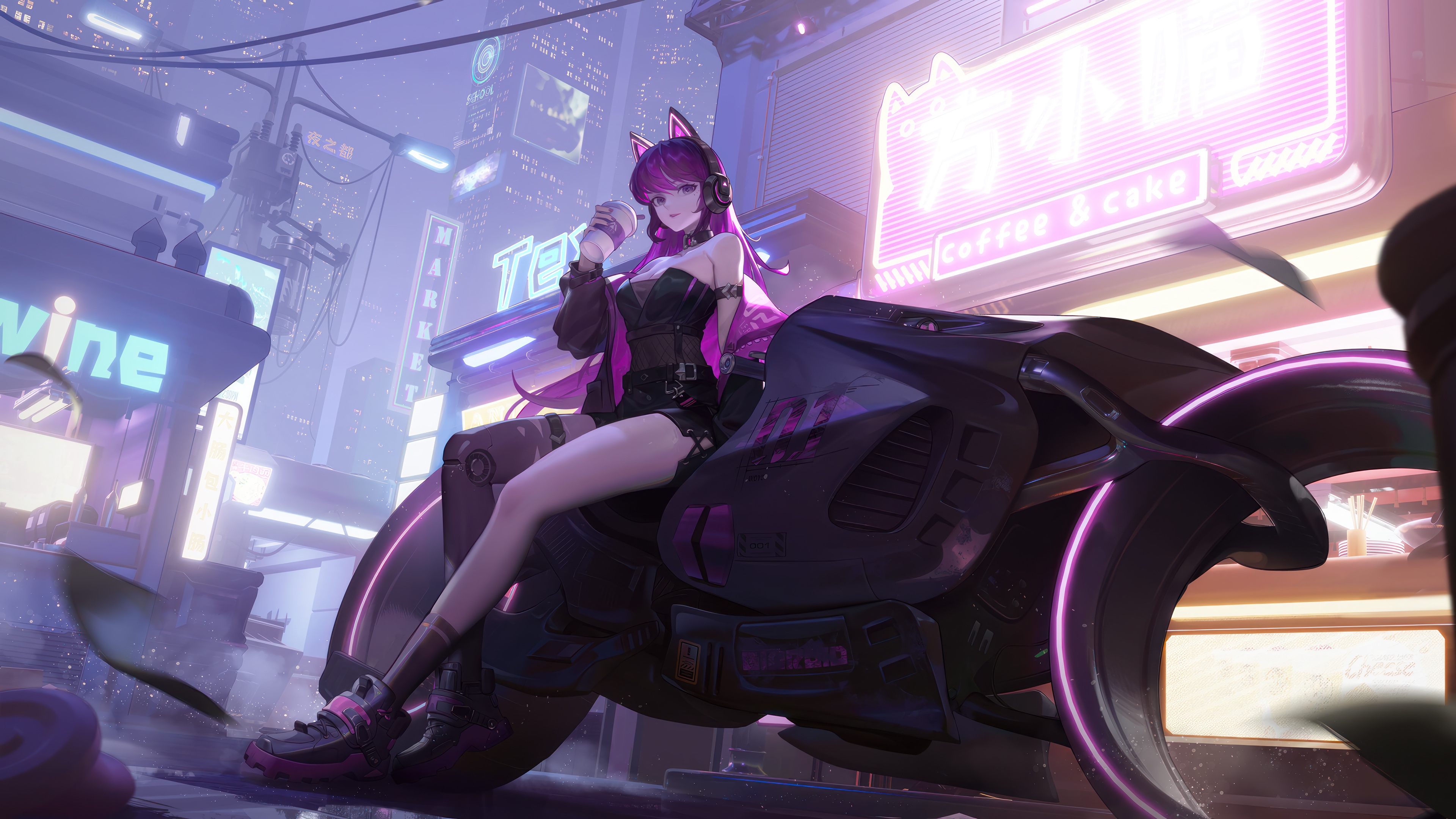 Anime Girl with Pink Hair on a Motorcycle in Cyberpunk City 4K HD Wallpaper