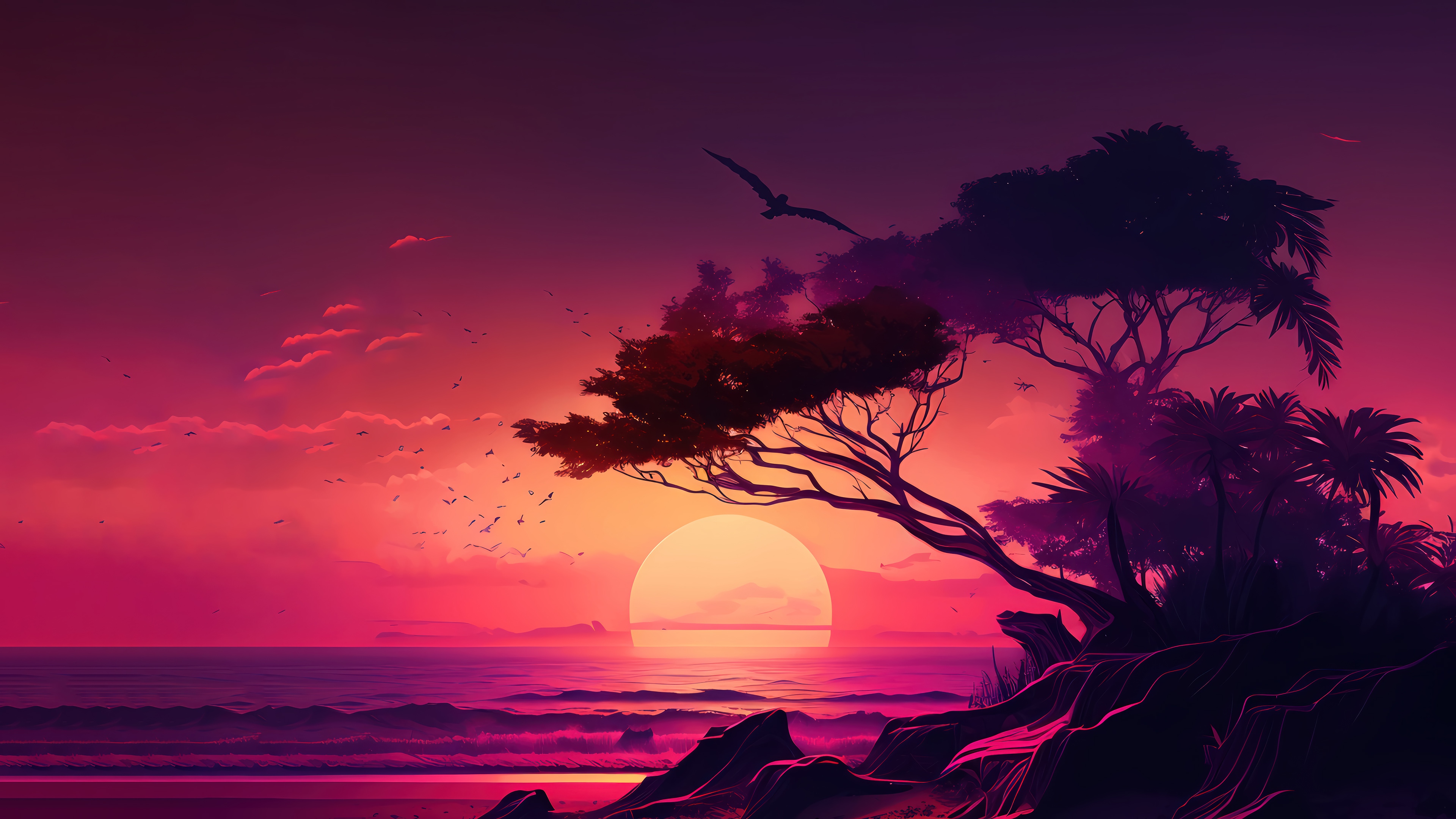 Sunset over the ocean with trees and birds HD Wallpaper