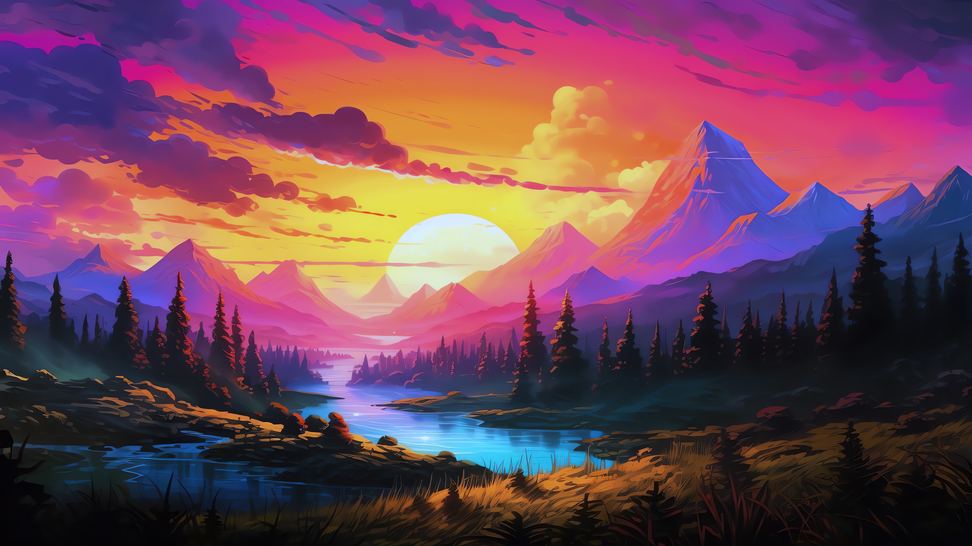 Mountain Sunset River Scenery 4K HD Wallpaper