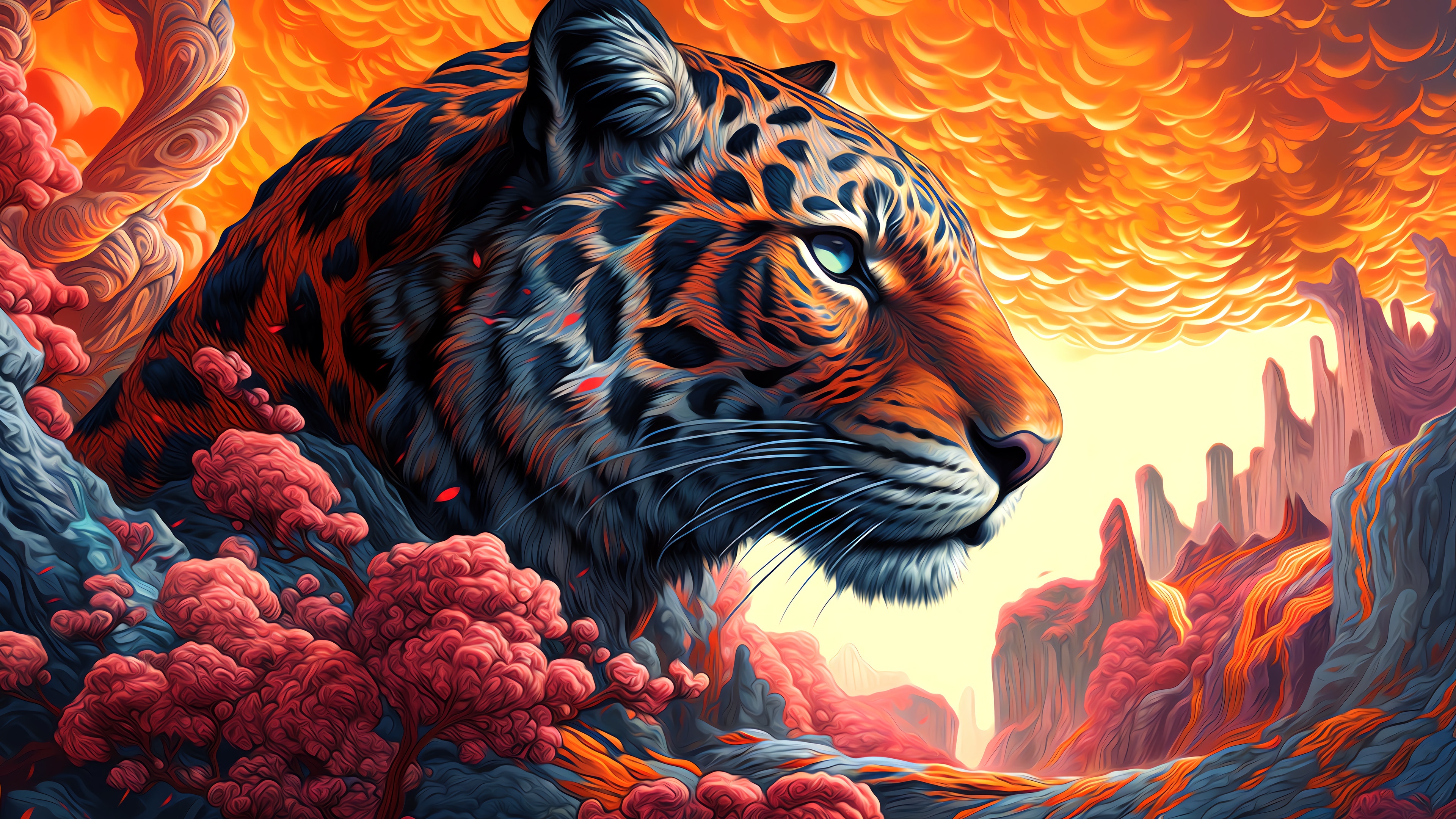Tiger in a surreal, fiery landscape HD Wallpaper