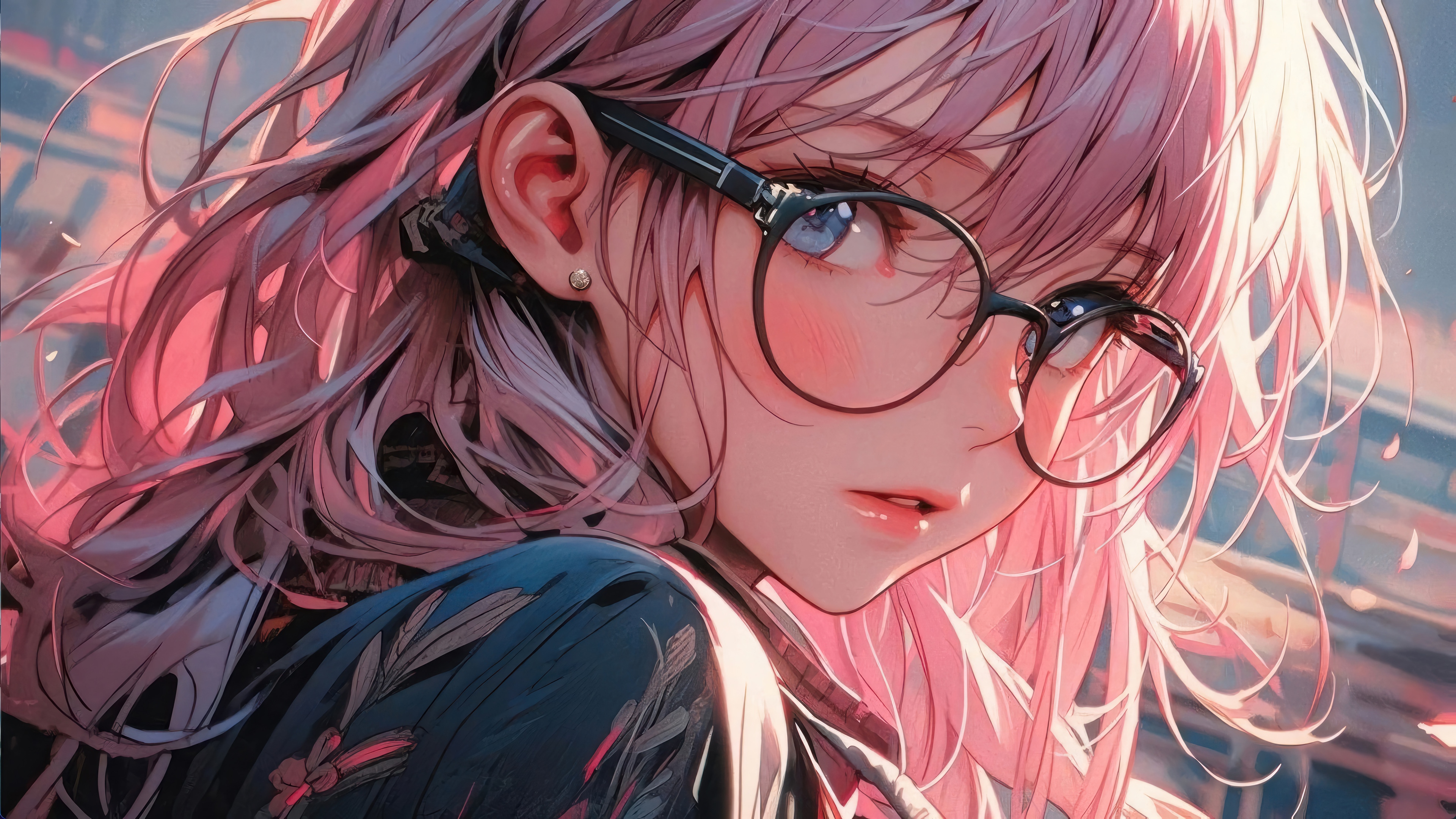 Anime Girl with Pink Hair and Glasses 4K HD Wallpaper