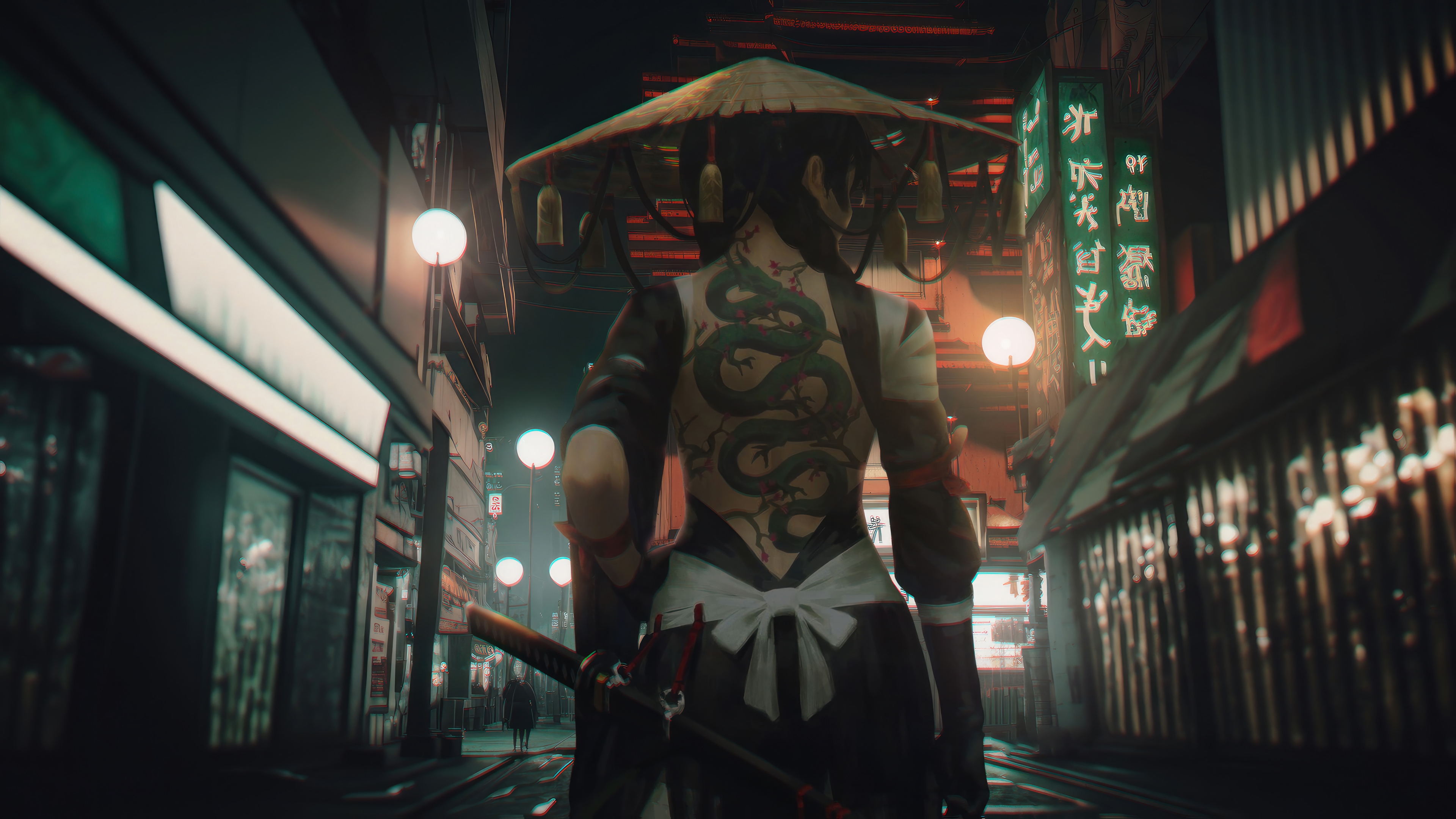 Samurai girl with dragon tattoo in a neon city HD Wallpaper