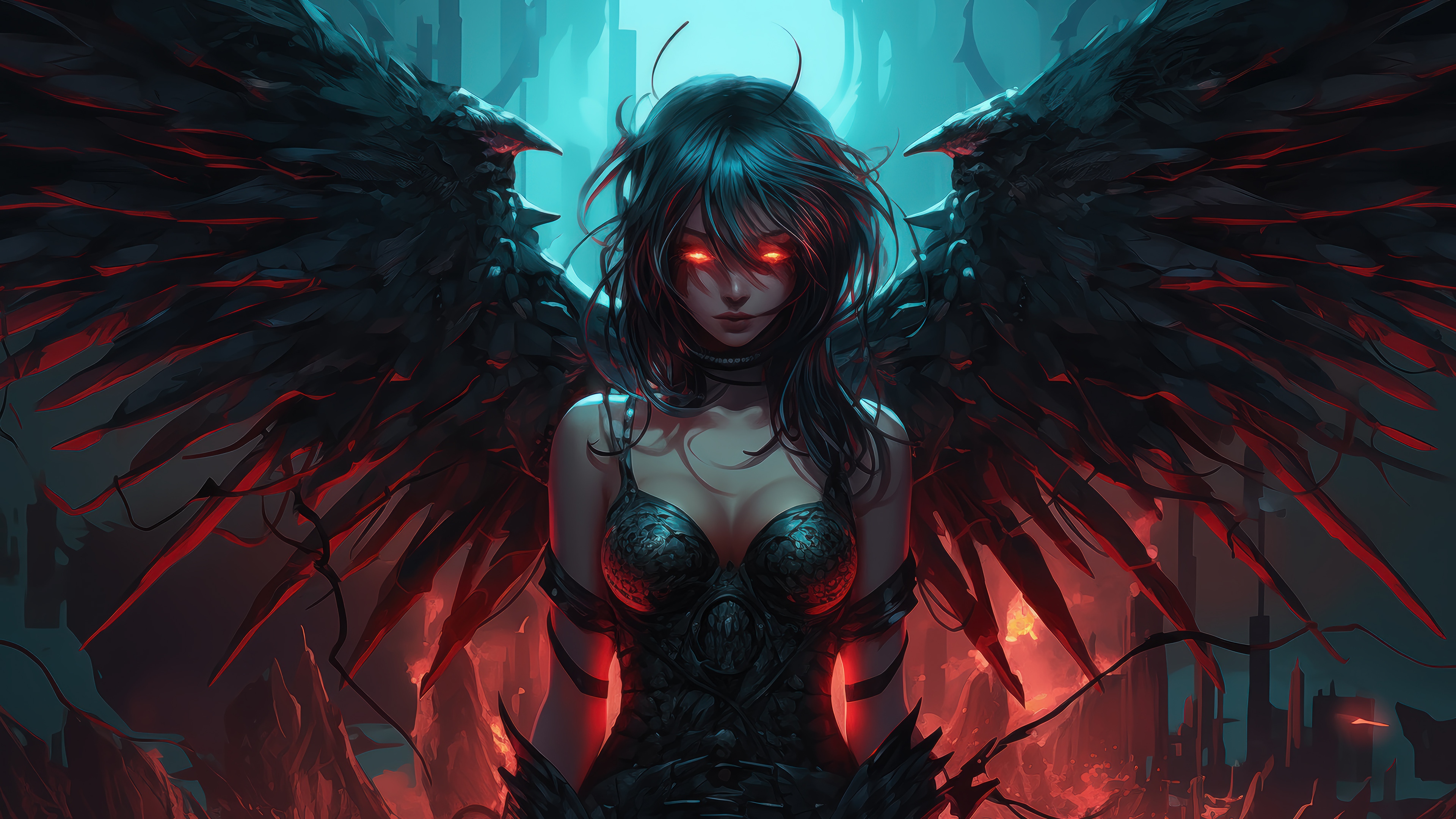 Demon Girl with Black Wings in Fantasy Landscape 4K HD Wallpaper