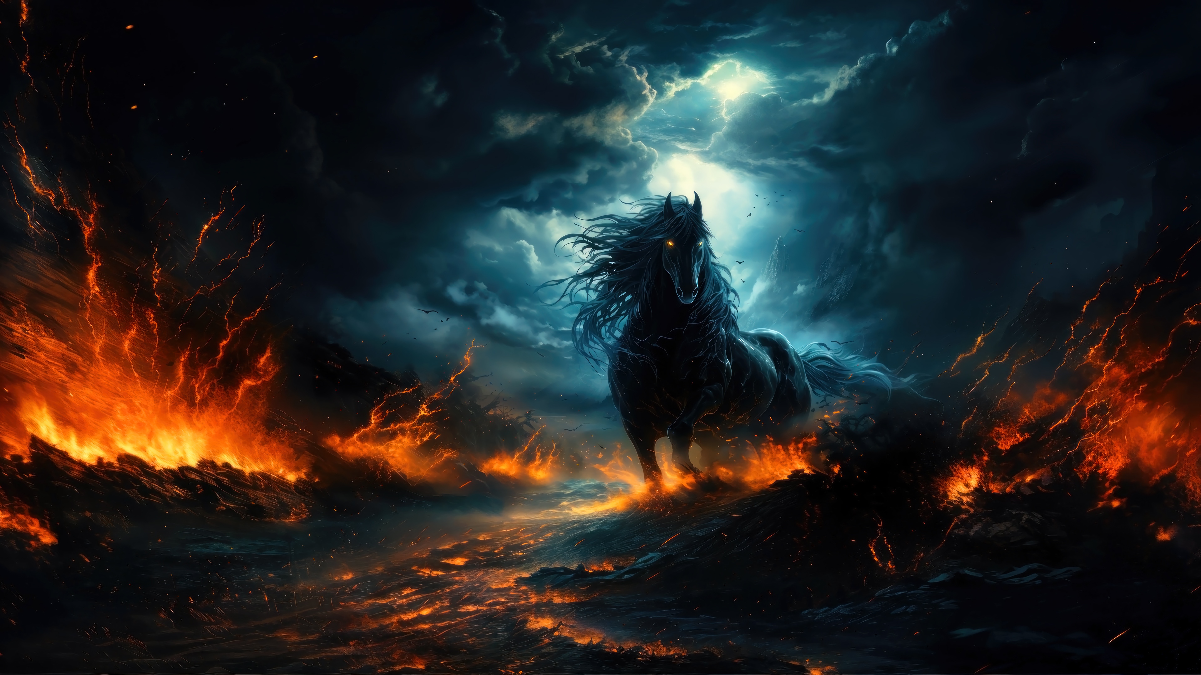 Black Horse in a Fiery Landscape 4K HD Wallpaper