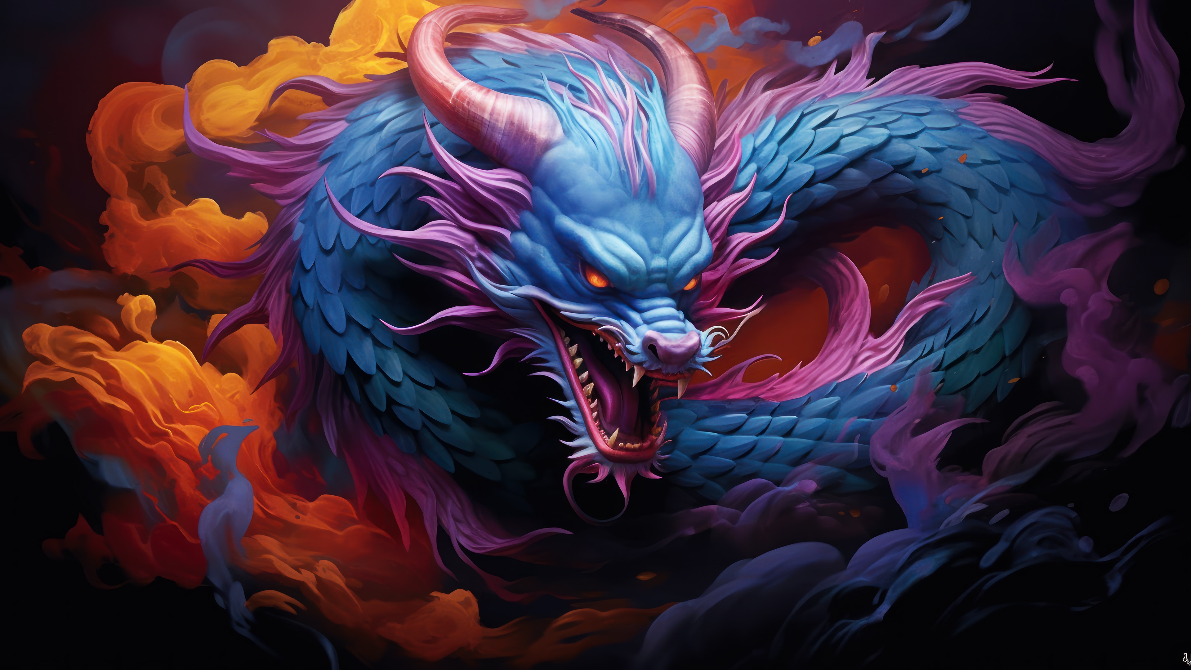 Blue Chinese Dragon with Orange and Purple Smoke 4K HD Wallpaper