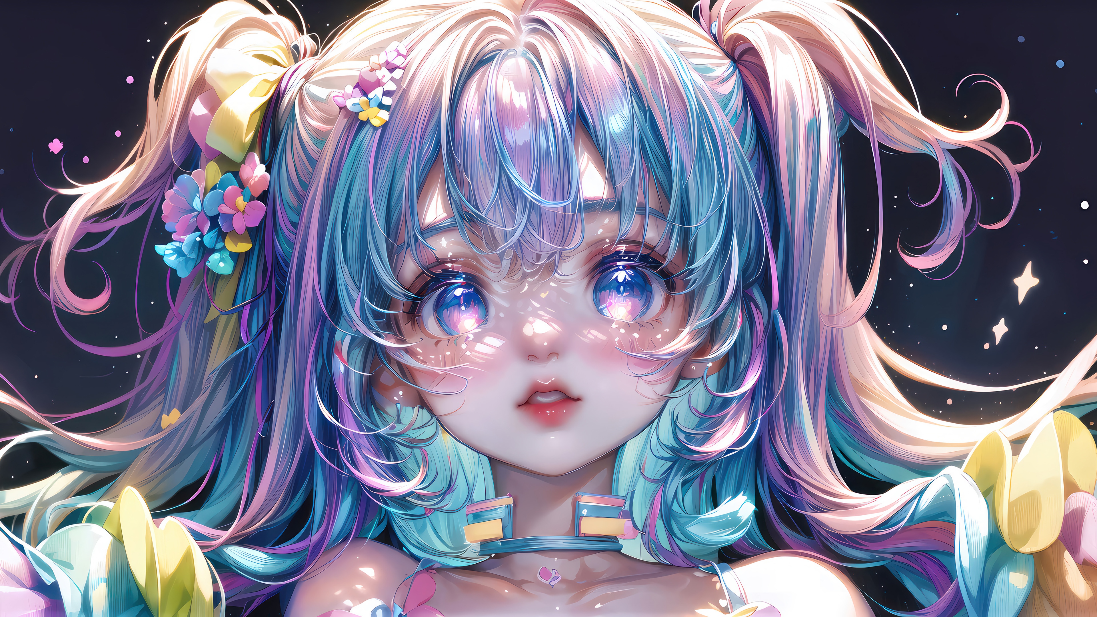 Cute Anime Girl with Colorful Hair 4K HD Wallpaper