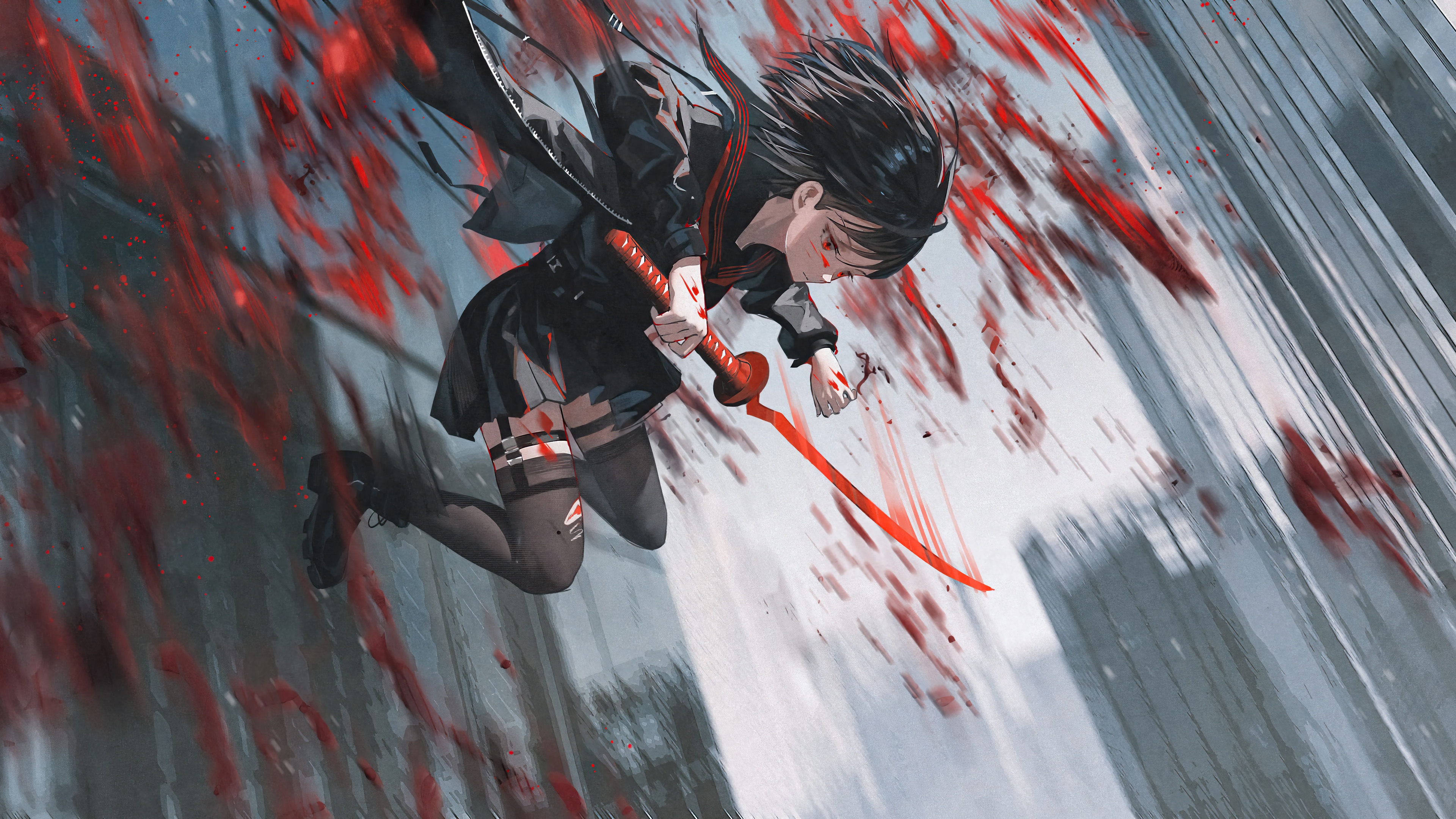 Anime Girl with Katana Covered in Blood HD Wallpaper