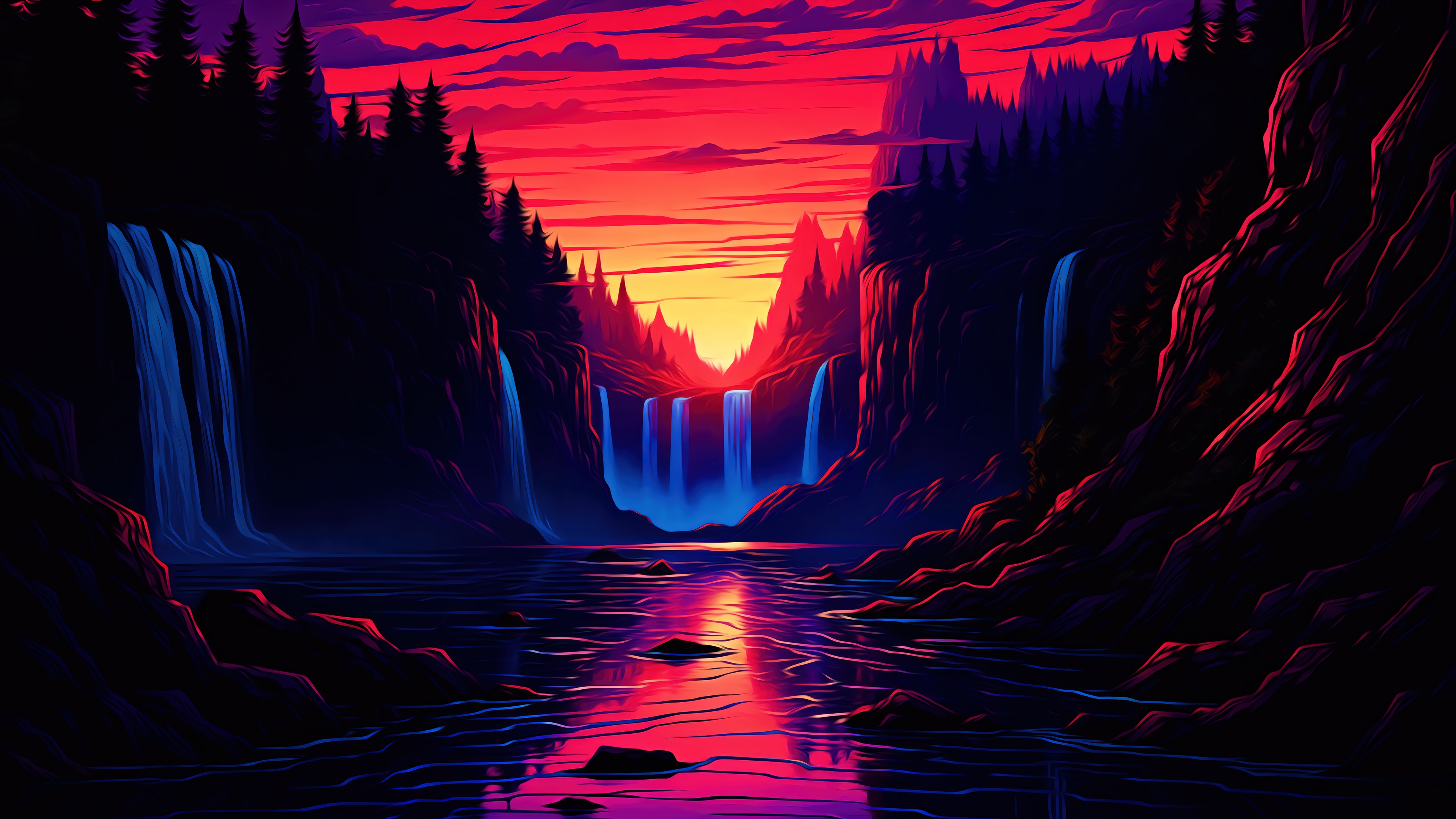 Digital Art Waterfall Scenery at Sunset 4K HD Wallpaper