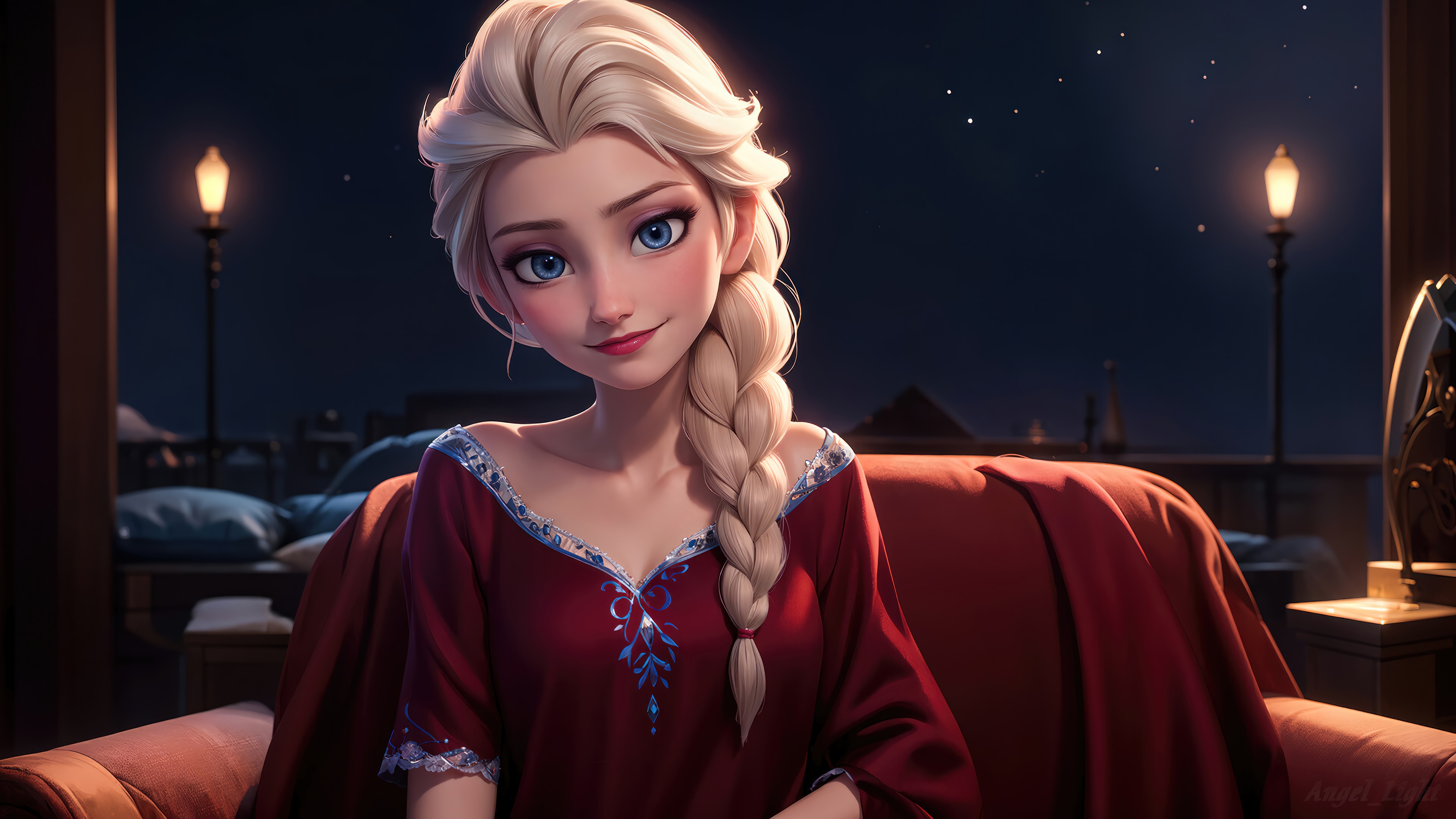 Elsa from Frozen in a red dress at night HD Wallpaper