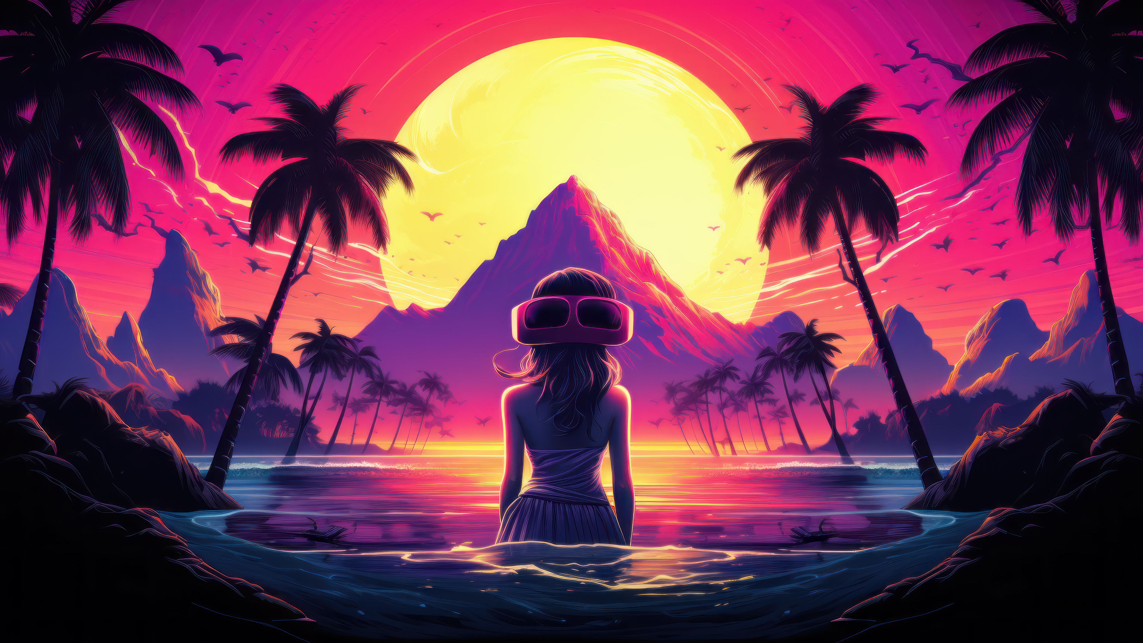 Girl in VR headset at sunset beach with palm trees 4K HD Wallpaper