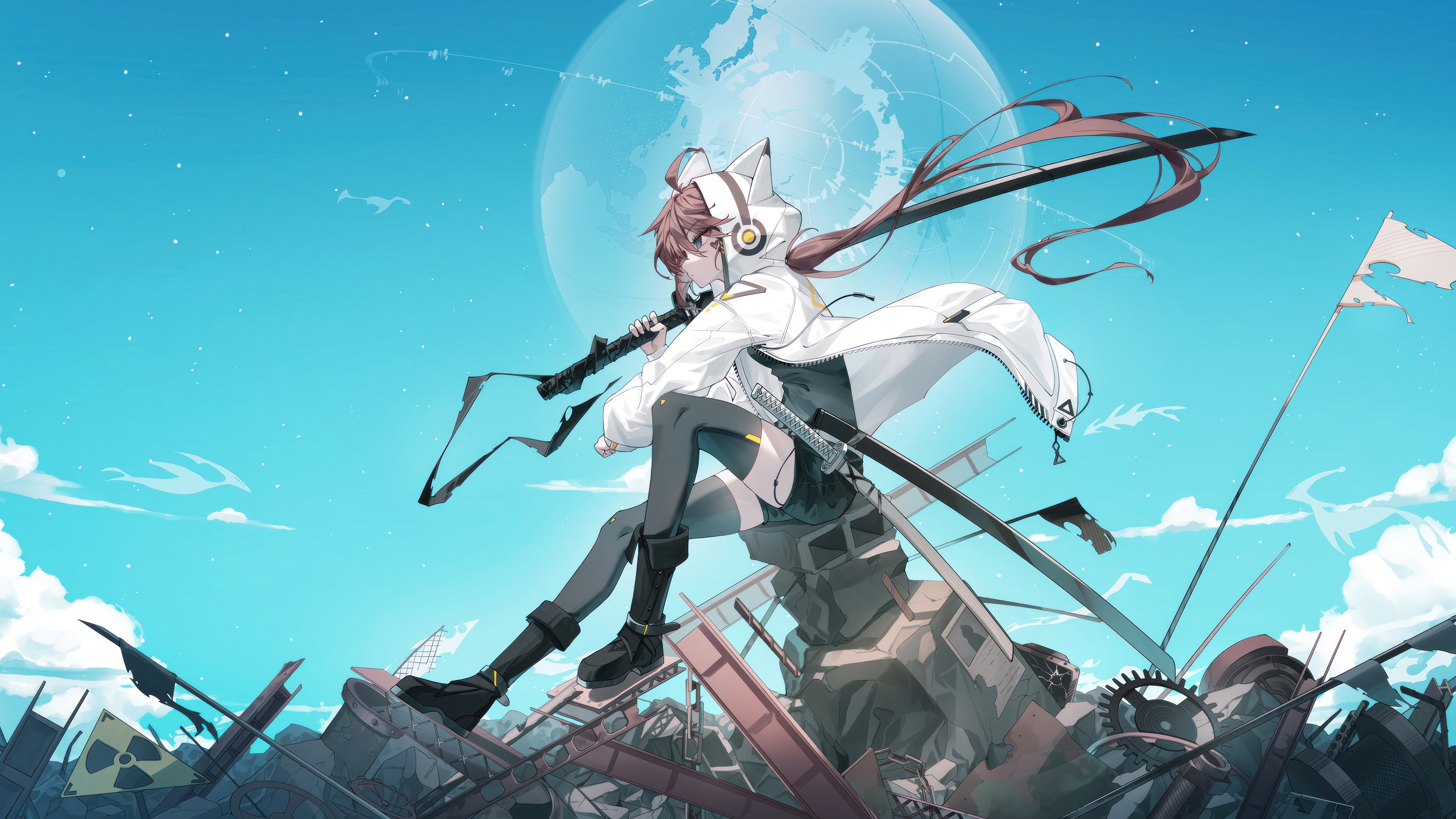 Anime Girl with Katana and Hoodie in 4K HD Wallpaper