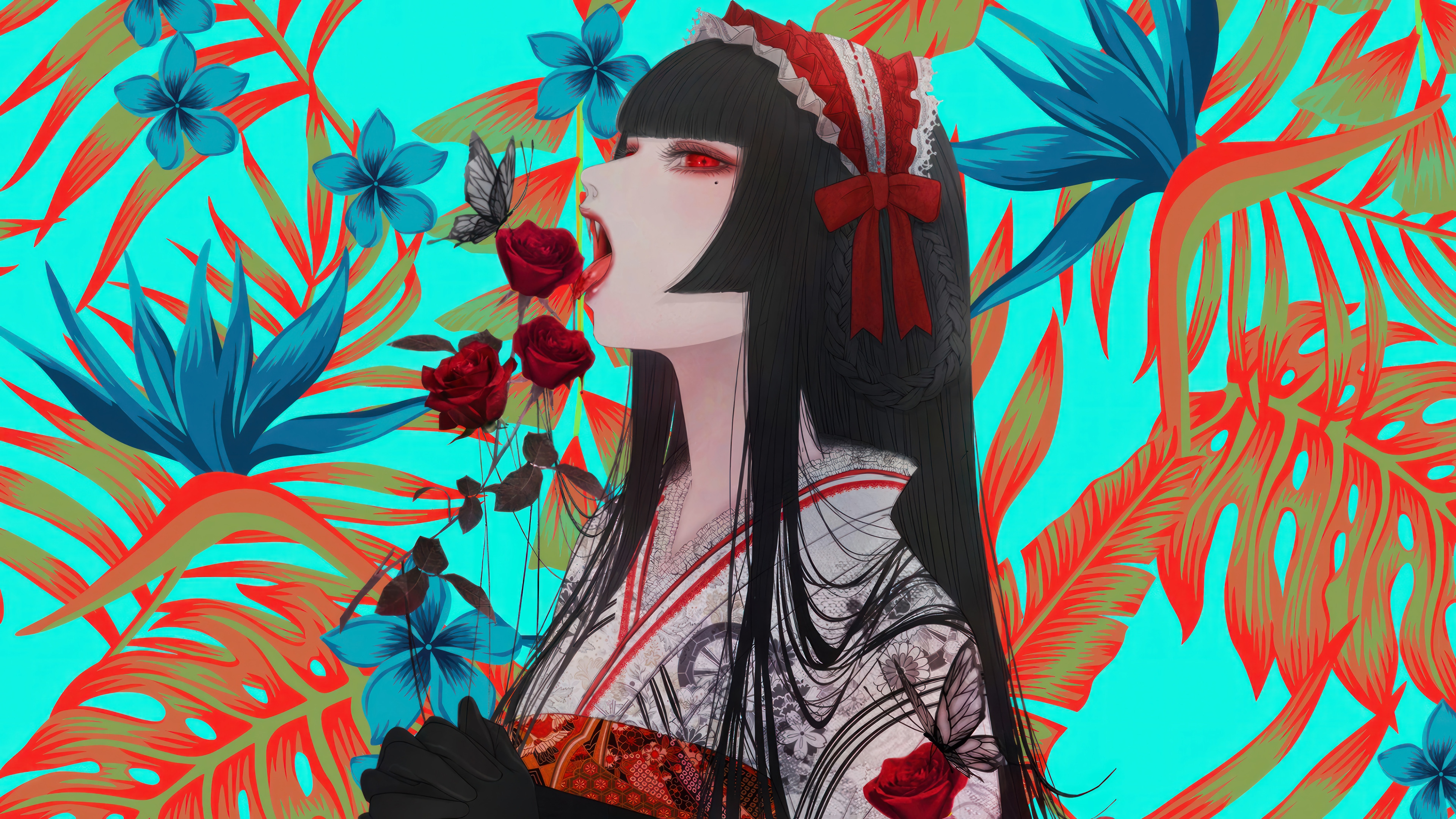 Anime Girl in Kimono with Roses and Butterflies 4K HD Wallpaper