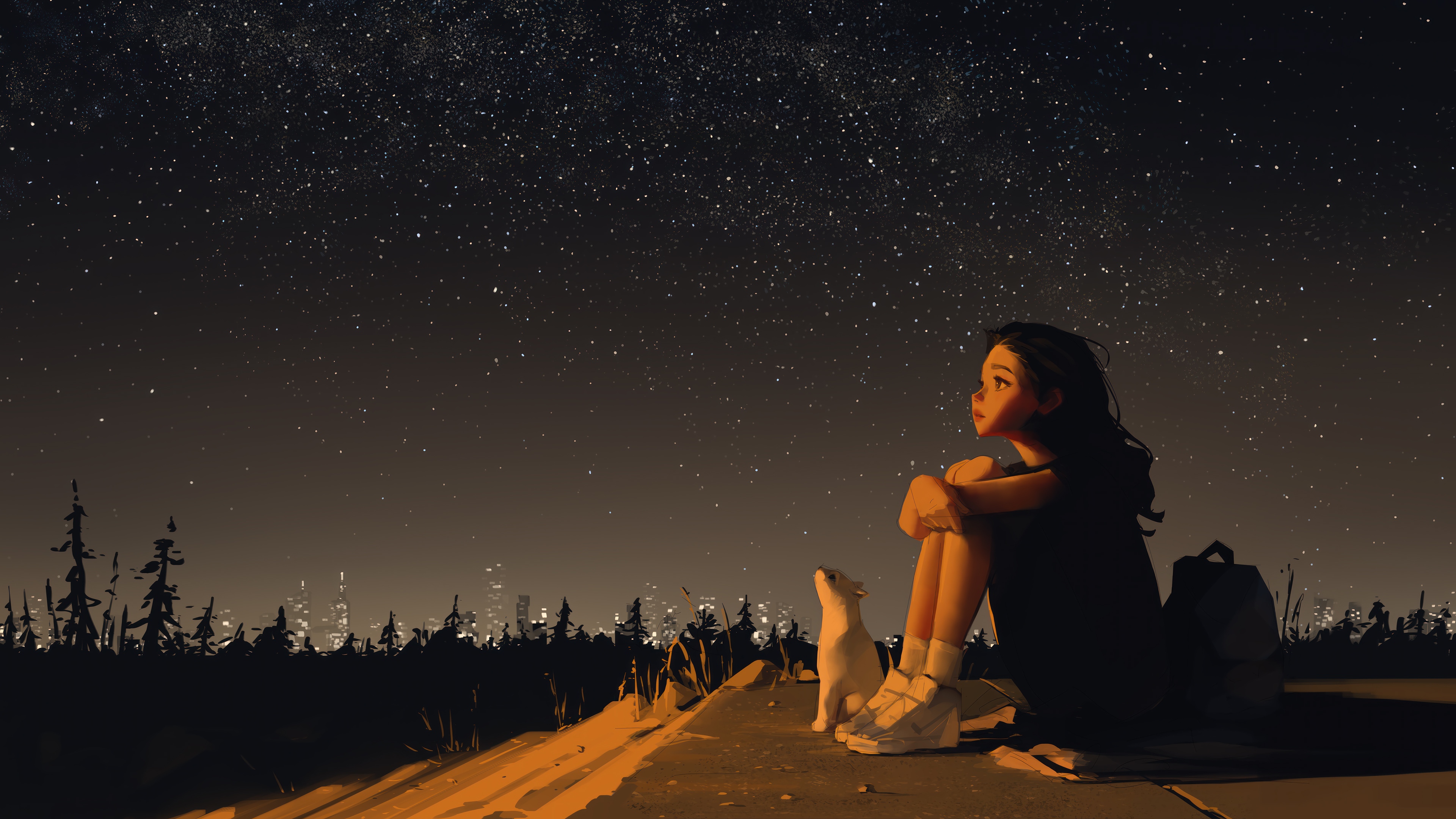 Anime Girl and Cat Stargazing 4K HD Wallpaper