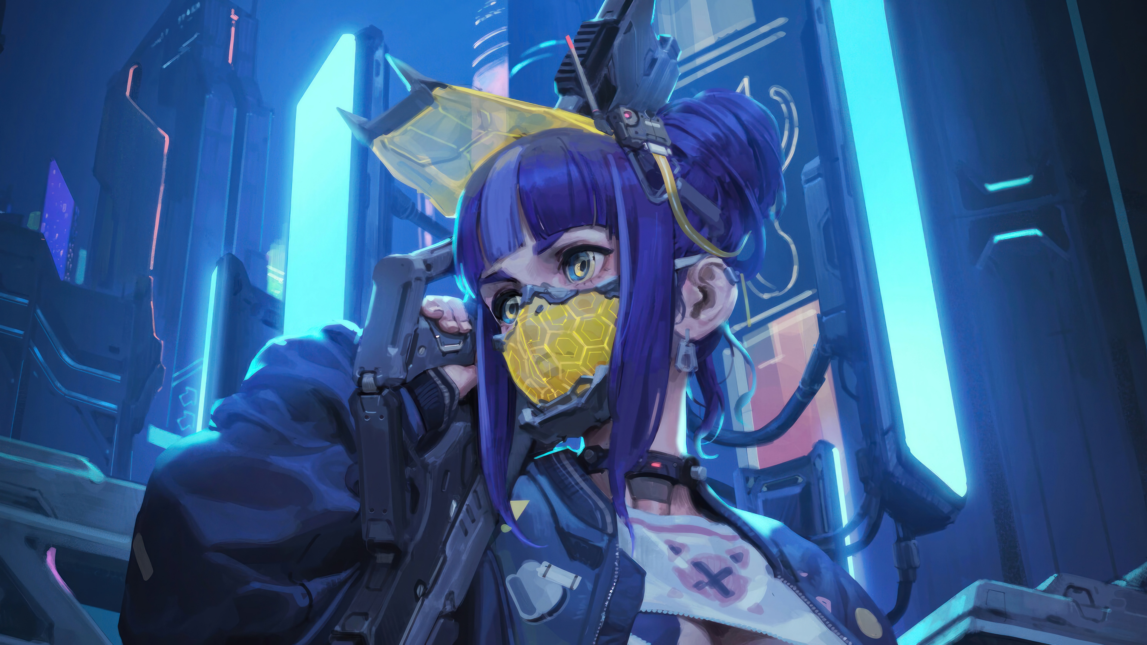 Sci-Fi Anime Girl with Mask and Gun 4K HD Wallpaper