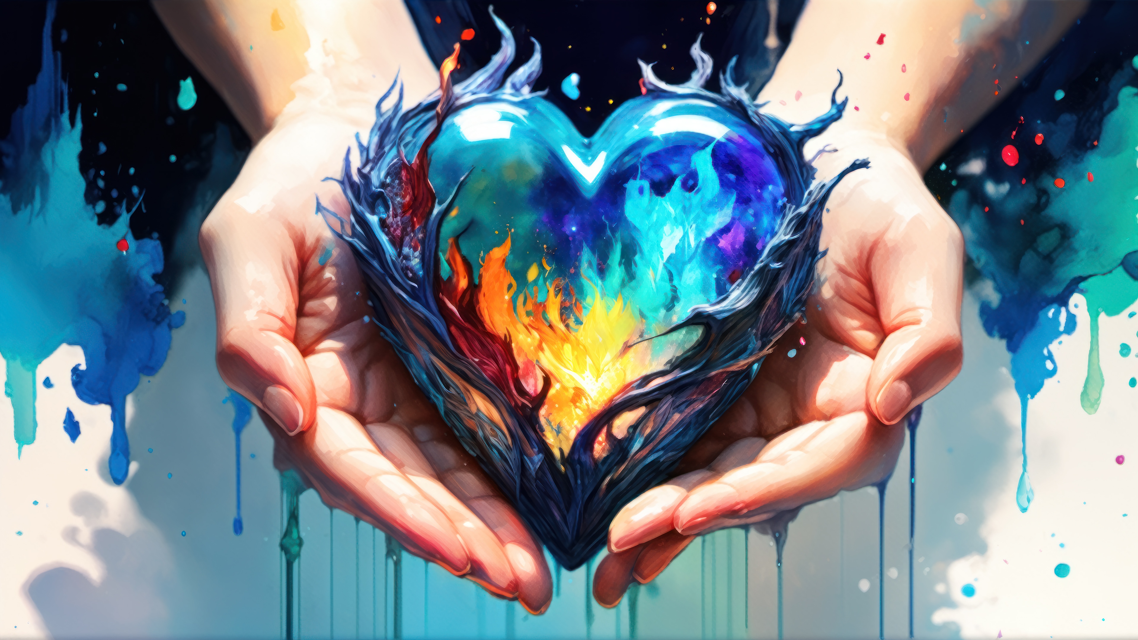 Colorful Heart in Hands Digital Art 4K HD Wallpaper