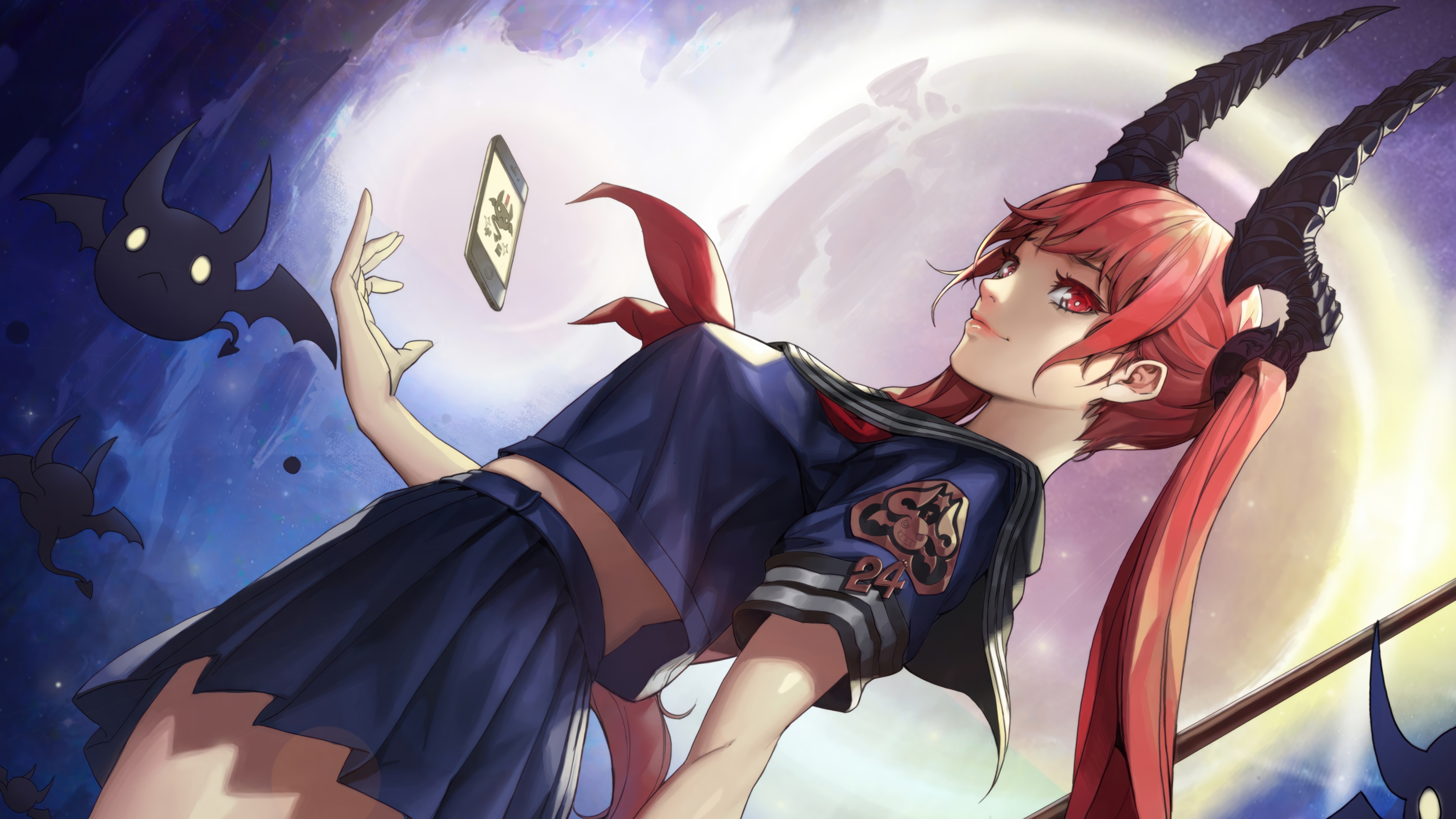 Demon Girl in School Uniform with Horns HD Wallpaper