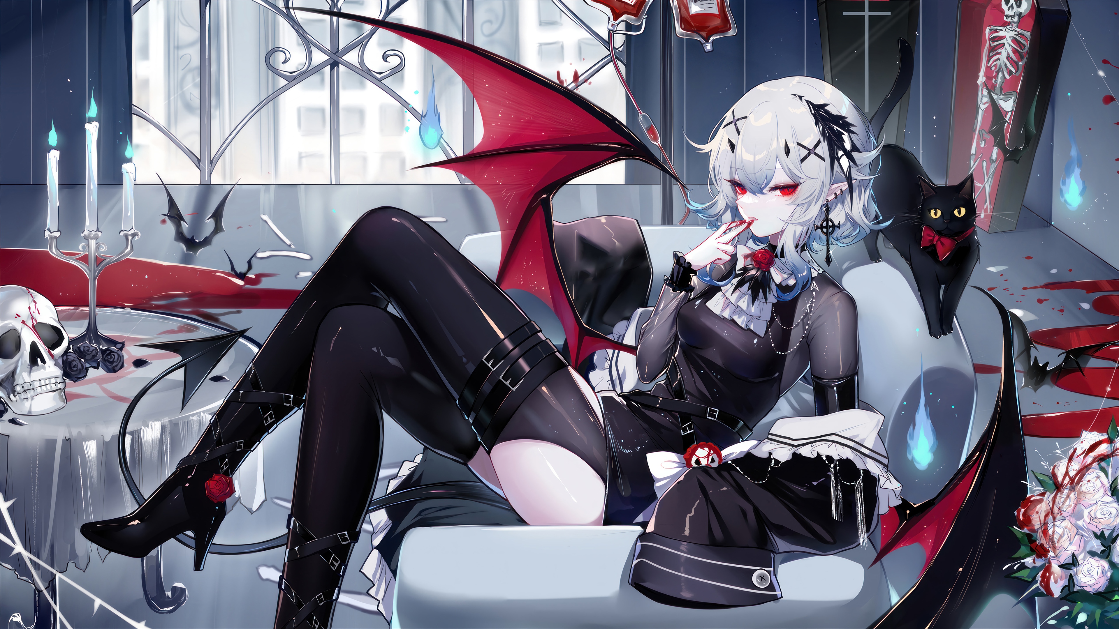 Anime Girl Demon with Cat and Coffin 4K HD Wallpaper