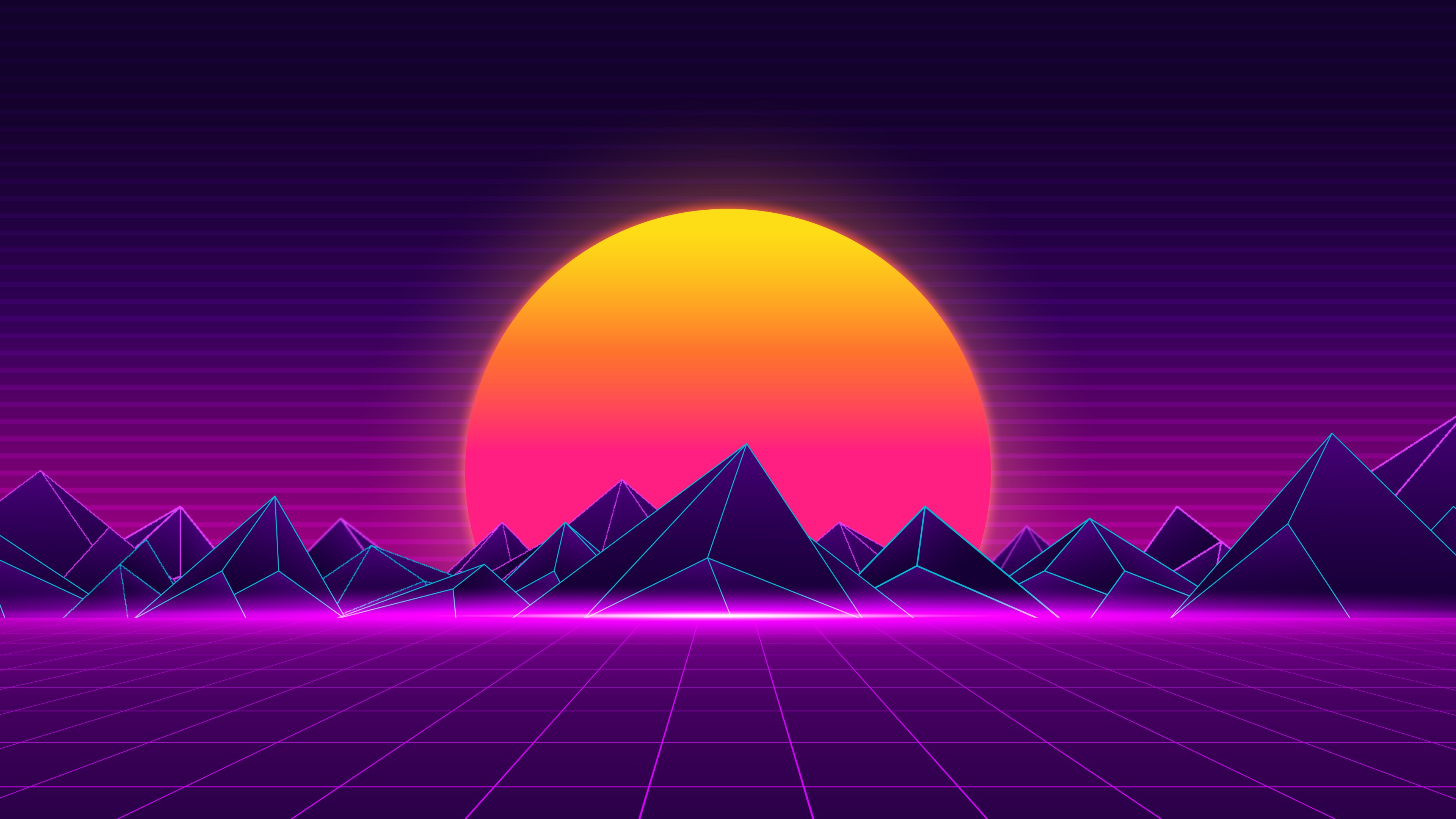 Synthwave Retrowave Sunset Mountains 4K HD Wallpaper