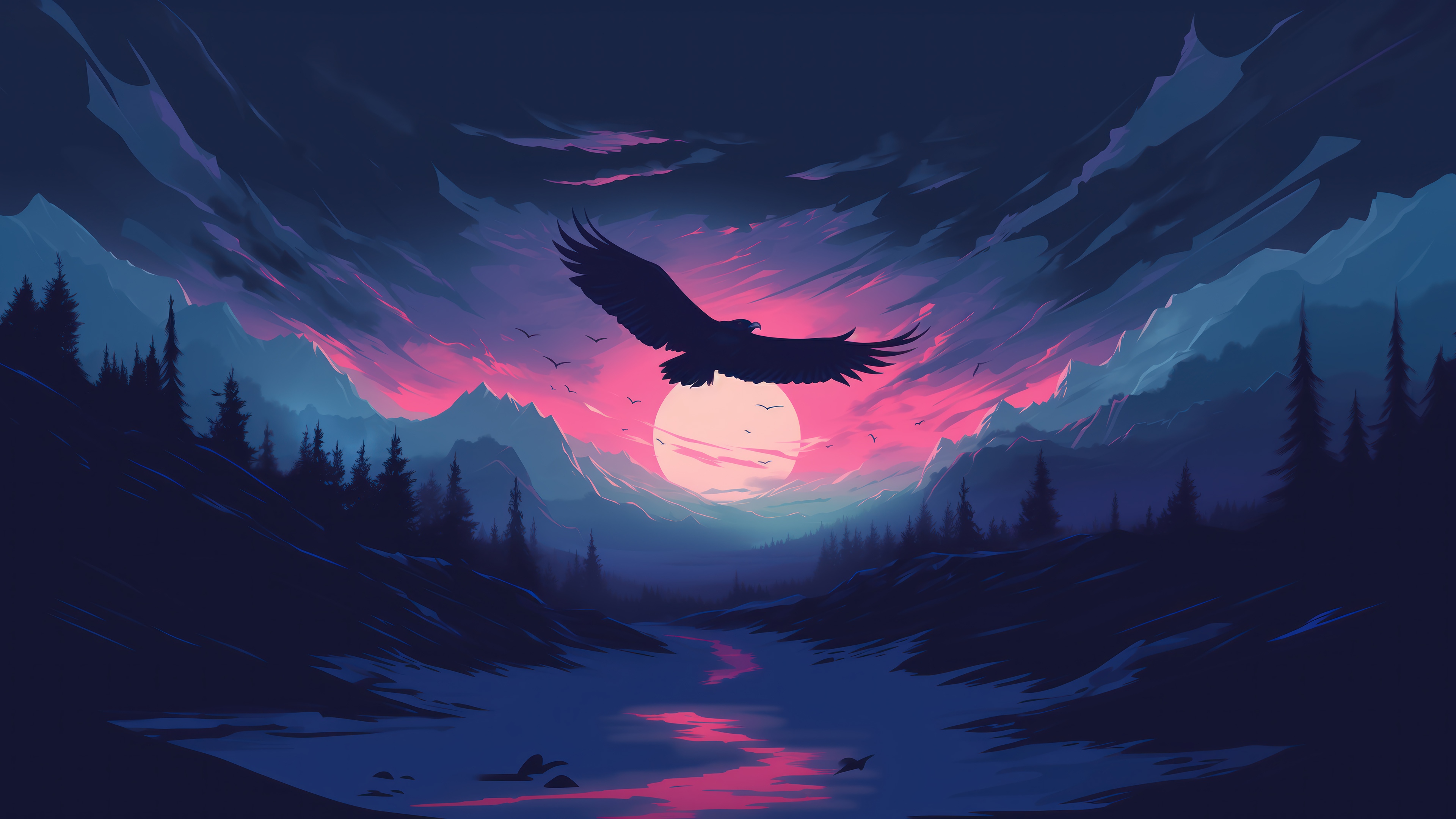 Eagle flying over mountains at sunset, 4K HD Wallpaper