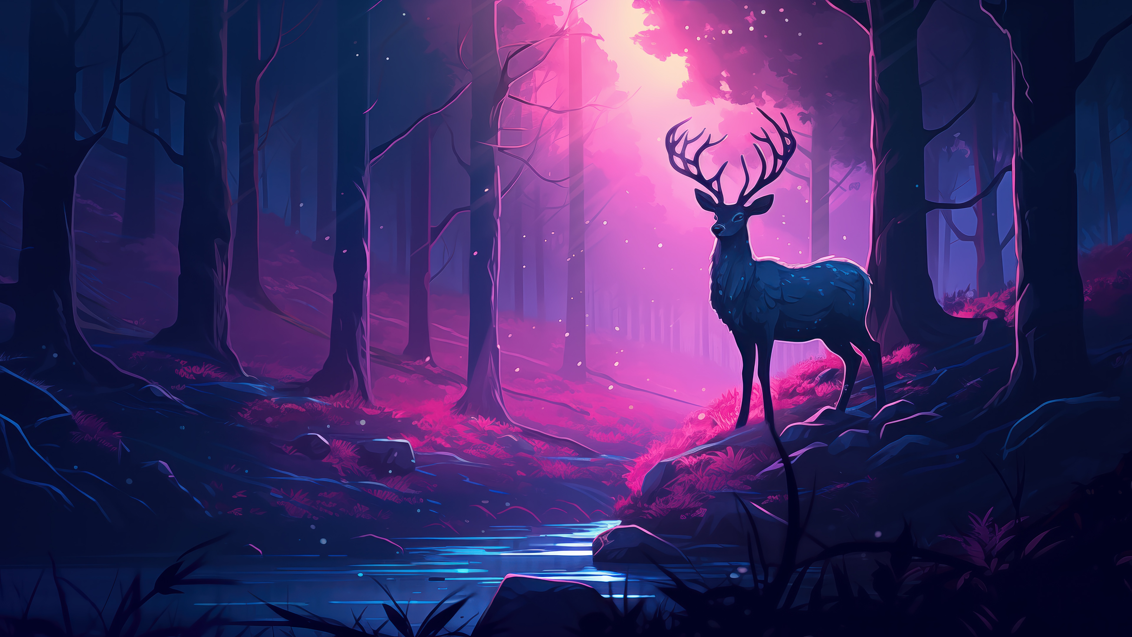 Deer in a magical pink and blue forest with a river HD Wallpaper
