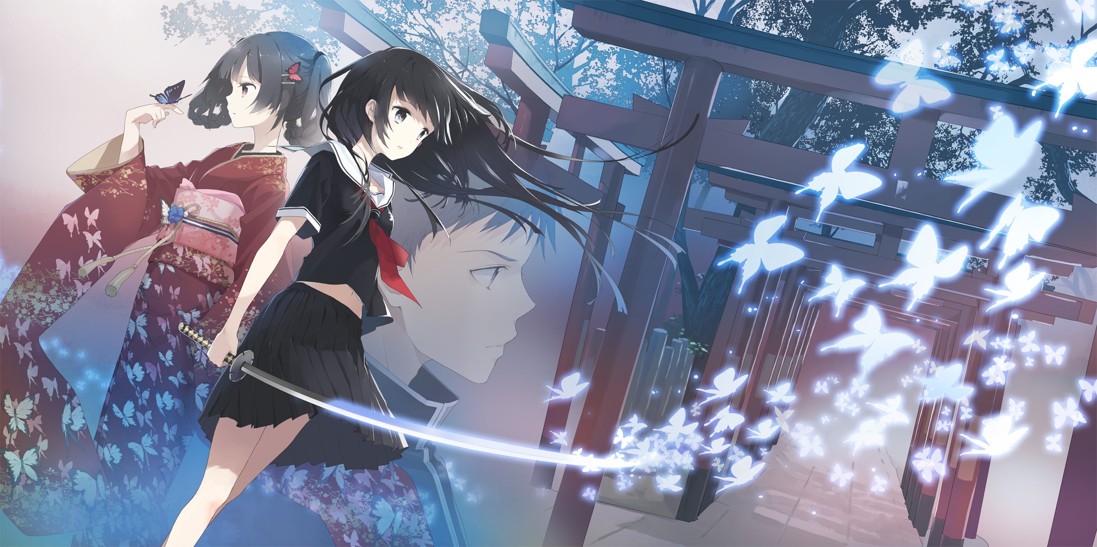 Anime girls with katana and butterflies at a temple HD Wallpaper