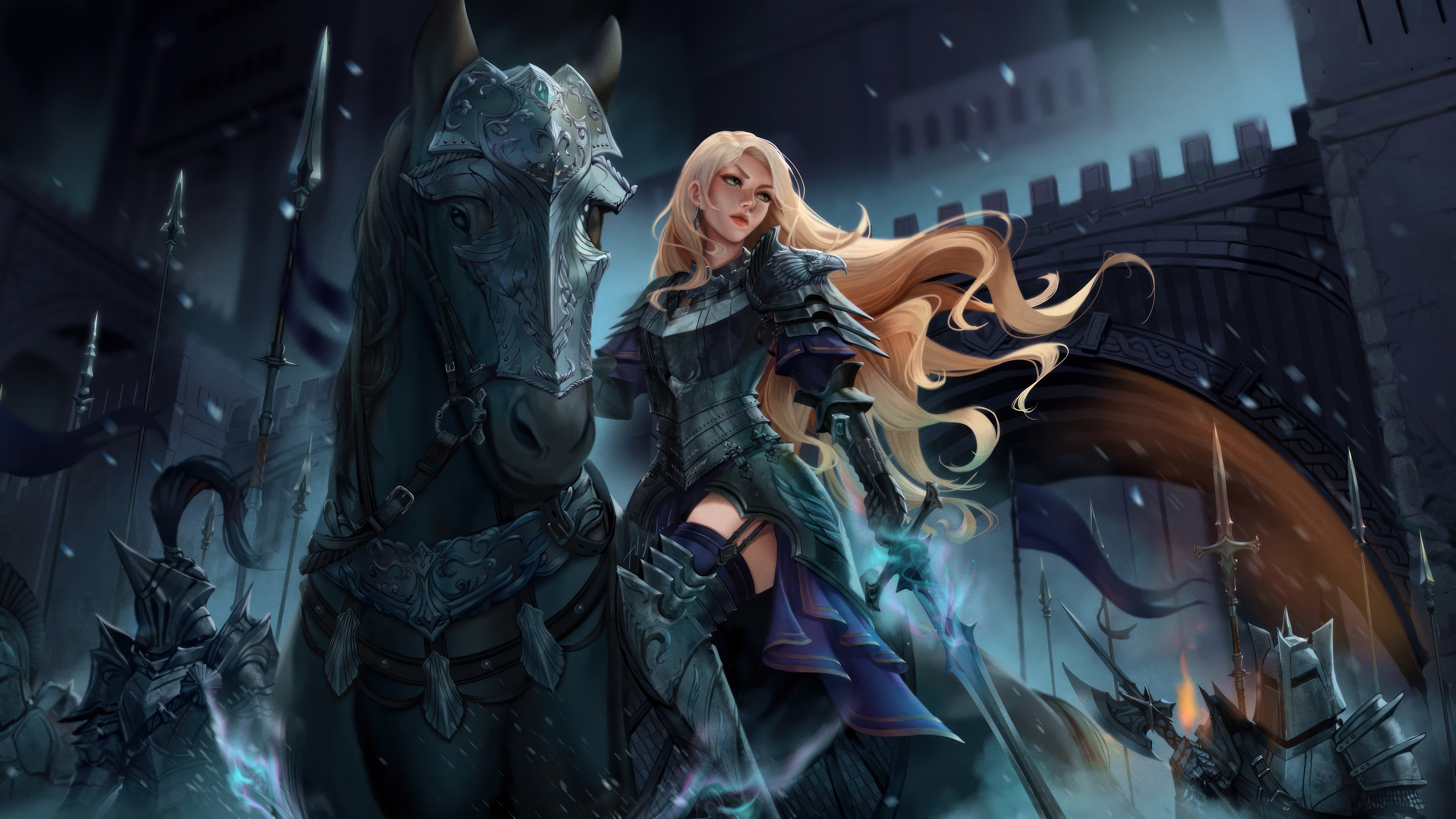 Fantasy Knight Girl on Horse in Armor 4K HD Wallpaper